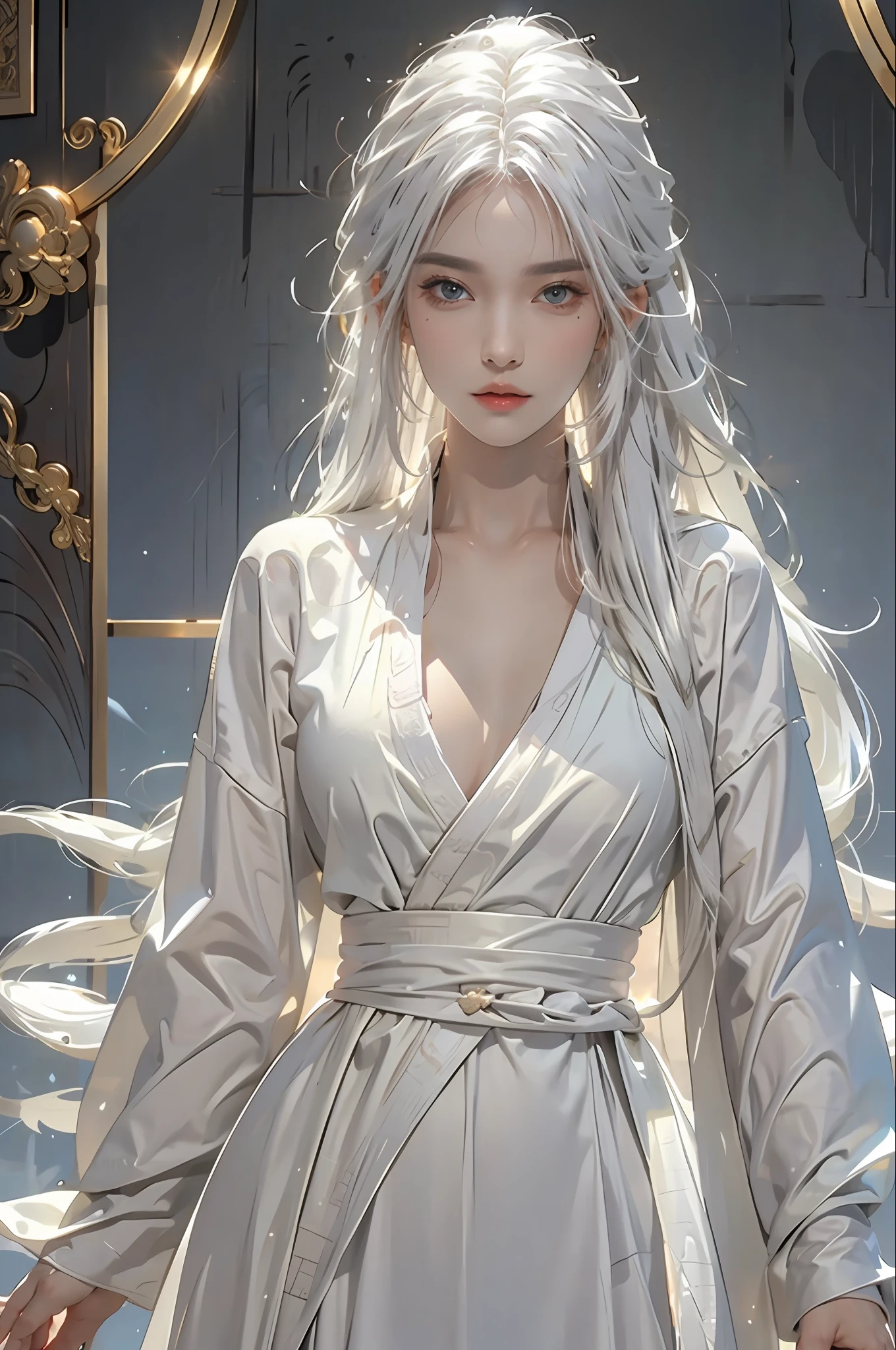 photorealistic, high resolution, 1women, solo, hips up, look at viewer, (detailed face), white hair, long hair, Taoist robe,oversized clothes