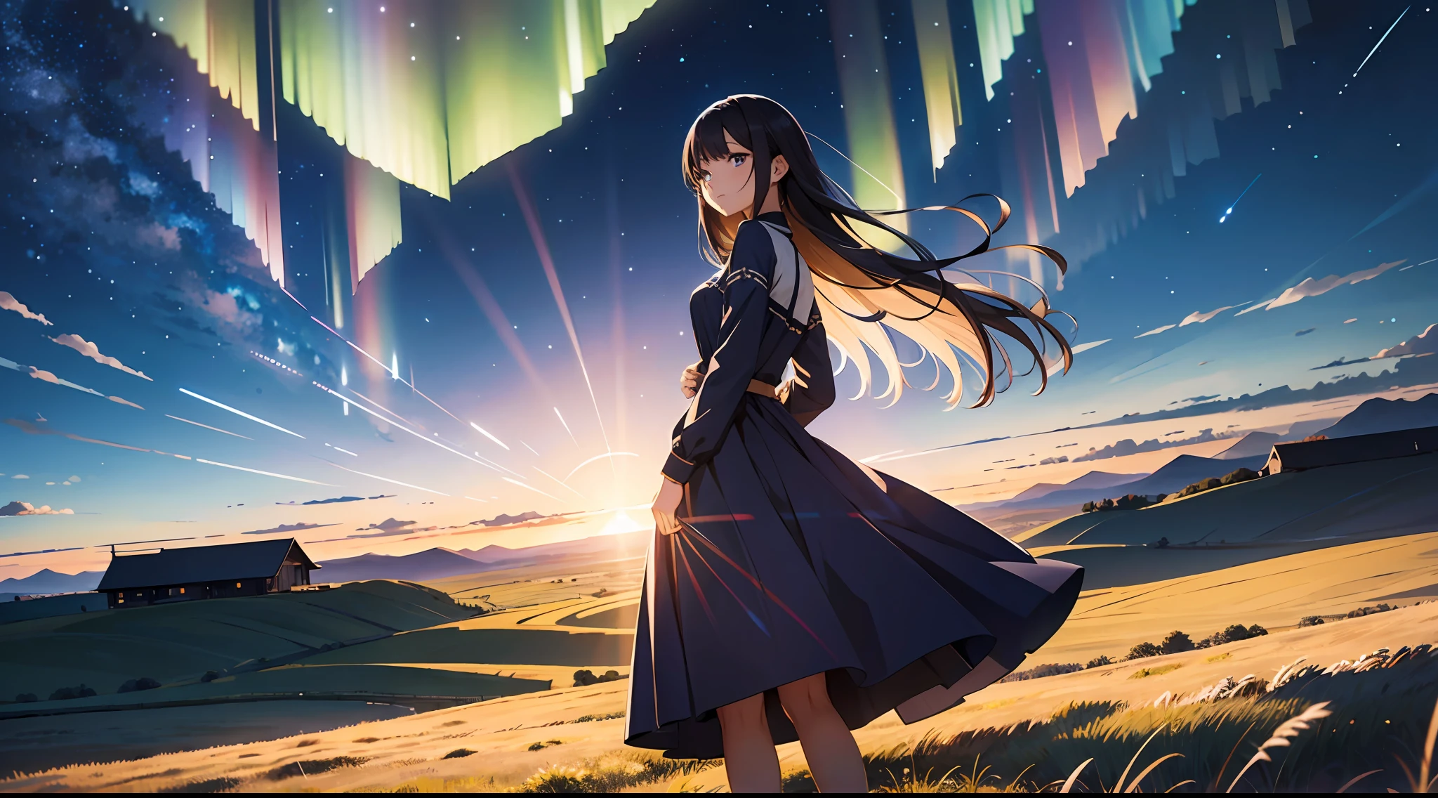 （​masterpiece、top-quality）perfect anime illustration、One young woman standing in a vast meadow、cute  face、shiny and long hair、de pele branca、Wearing only one dress that reaches the calf、Blue phosphorescence surrounds her、In front of you, the grasslands stretch far and far、The place is a fantastic and vast grassland、The time is night and it is dark around the sky, but there are stars in the sky々And the big moon is shining brightly、Aurora borealis spread thinly in the distance、A gentle breeze is blowing、Grass in the air is flying in the wind、No one else、So that the whole body goes into the illustration