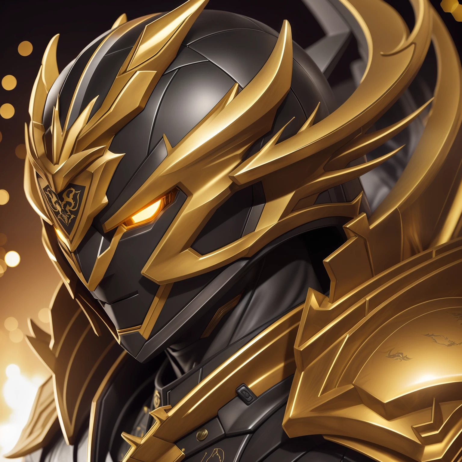 A detailed face、Detailed Black Suit、Golden decoration、​masterpiece、top-quality、Image Japan、a blond、Damaged、helmets、Dragon pattern、laser、Glowing white eyes