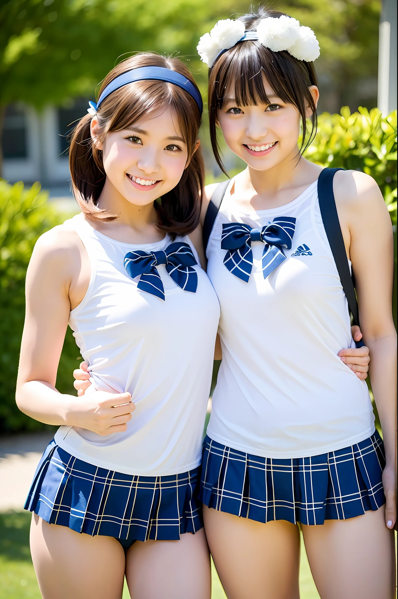 2 girls,white school swimsuit,headband with plaid large bow,school bag,18year old,bangs,smiles,thighs,knees,short cut hair,poneytail,in schoolyard