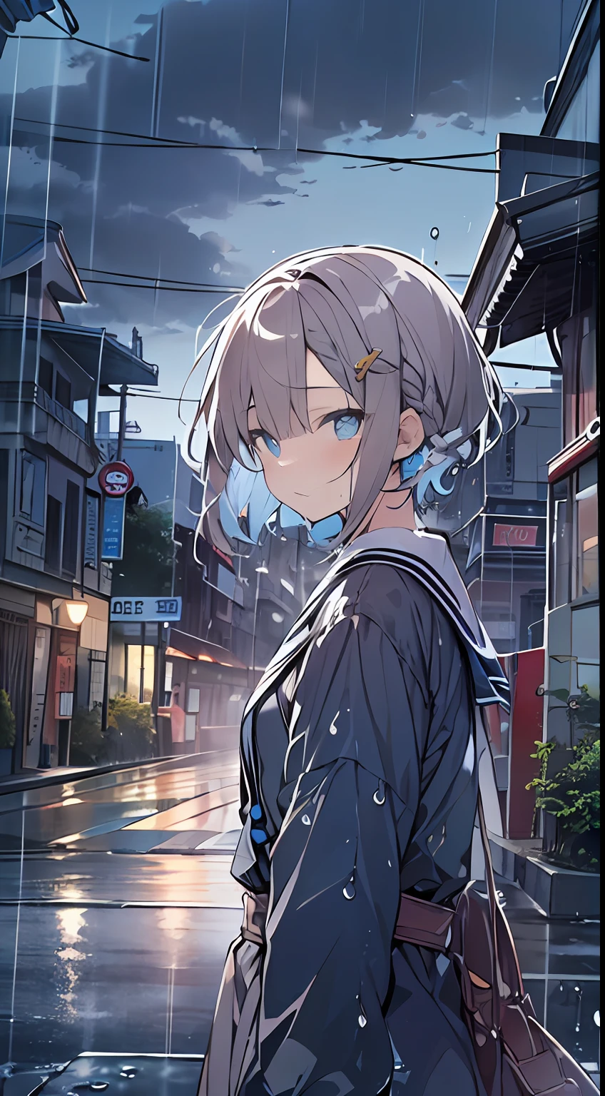 masutepiece, Best Quality,Illustration, Wallpaper, Ultra Detail, absurderes, 1girl in, Solo, (Medium short hair、short braided hair), Beautiful detailed eyes, rainfall、water dripping、wetting hair , Looking to the side, (Street:1.5), Cloudy sky、Bright scenery