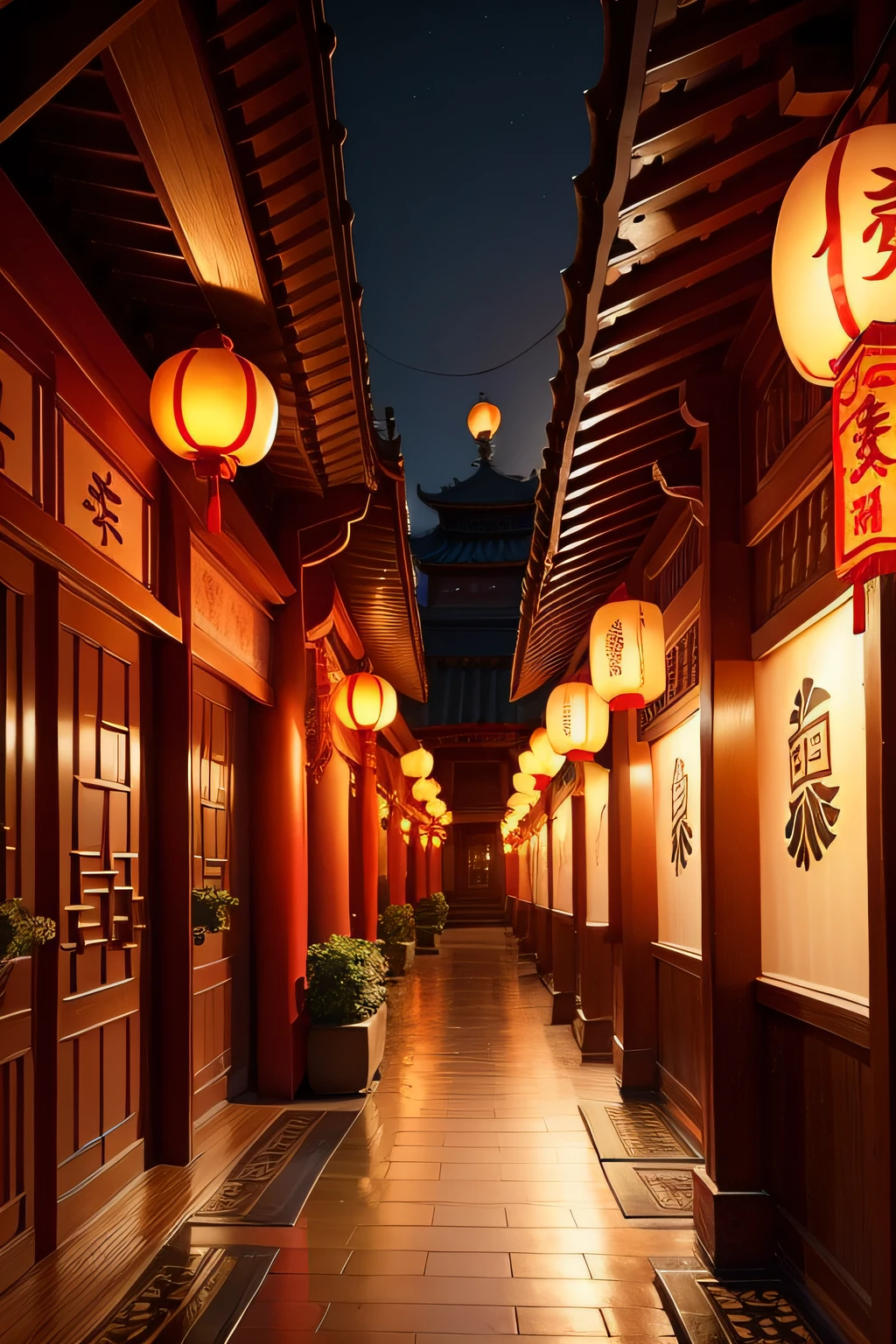 Chinese tea house，Cantonese restaurant background，There are lanterns，Chinese elements，Positive perspective，The top is the eaves and plaque of Chinese architecture，The feeling of real shooting，The feeling of real photography