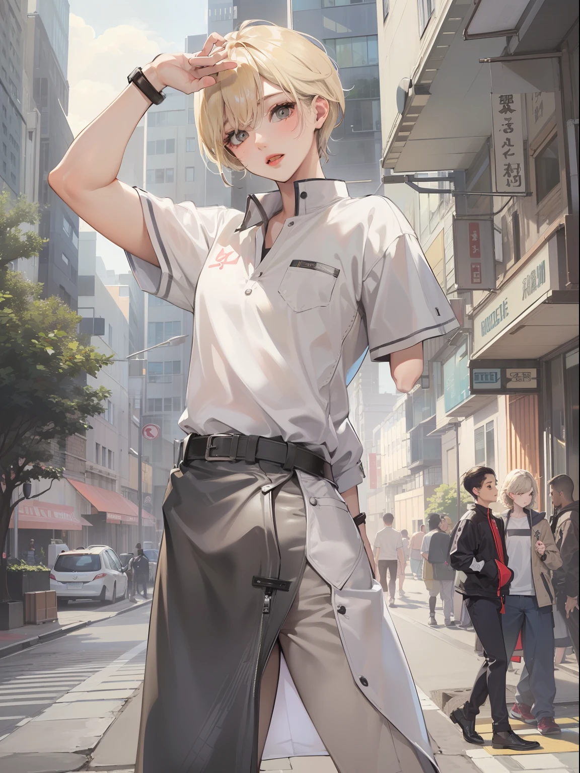 Beautiful elegant and sexy men, a high school boy,Kamimei,a blond,Semi-long,Gray eyes, (((Urban background of the city))), ((((Casual clothing)))),, submissive, Meek, Cute, Adorable, ((Mature)), ((((Tomboy))))