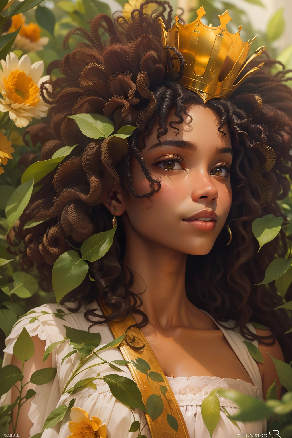 In the image, we see a smiling black woman with lush curls, her frizzy curls are well defined and nourished. She wears a long white dress.
The woman on the cover is standing facing the camera with her shoulders slightly raised, exuding a confident and self-assured posture. In her hands, she holds a golden crown.
Around it, nature is present as a harmonious setting. Lush flowers and delicate foliage form a background that enhances the connection between women and the life force of nature.
The color palette chosen for the cover is full of warm and vibrant tones, such as gold, orange and green. The image is full of details, textures and strokes.