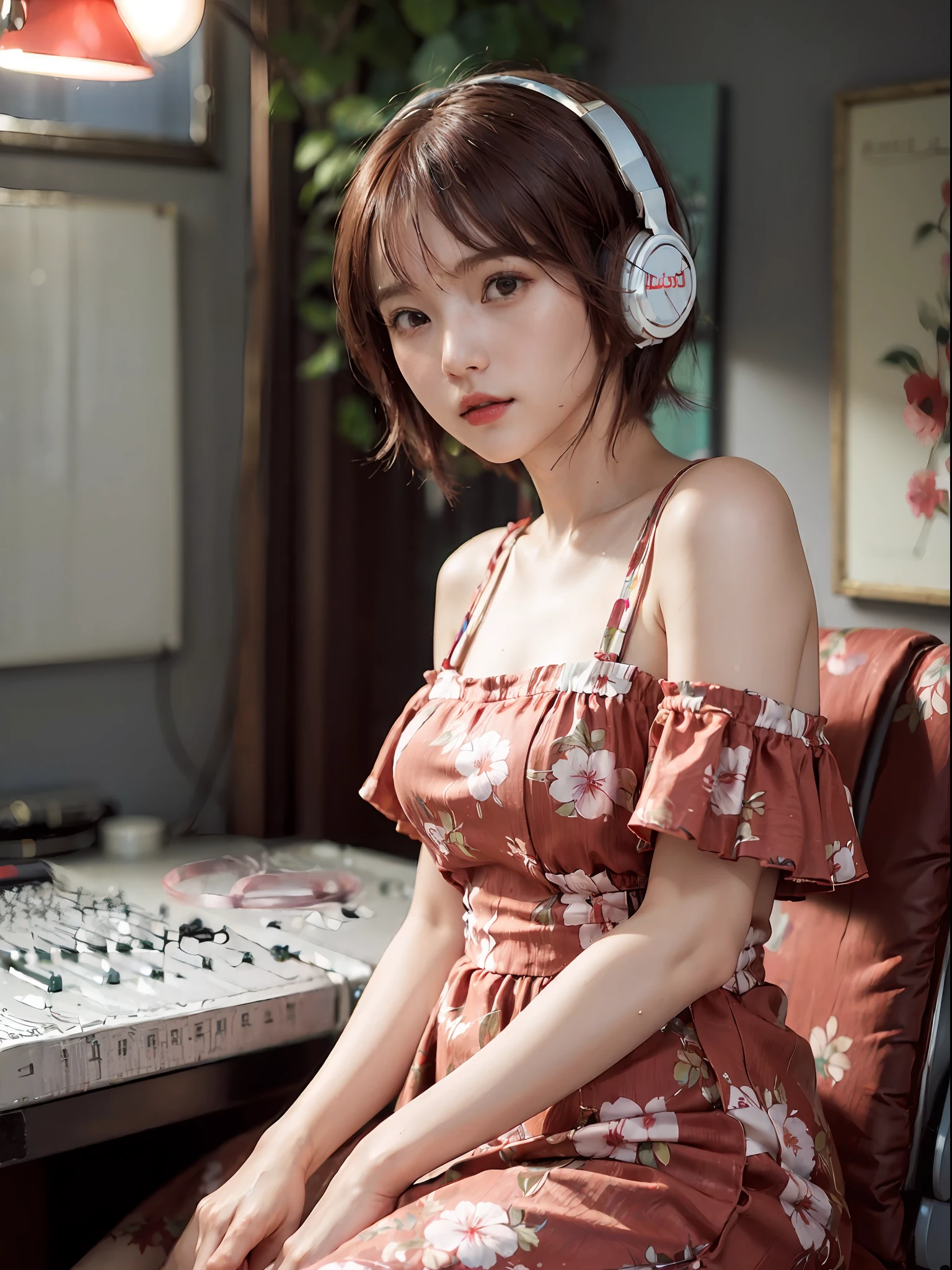 Best Quality, masutepiece, (Photorealistic:2), Ultra High Resolution, Highly detailed, A hyper-realistic, 1girl in, ((Red headphones)), (Longer dress), Floral pattern, colourfull_hair、(((very_Short_hair))), Short hair, Slim body, Full Shot, Looking at Viewer, ((Music Studio)),  Bright atmosphere, spot light, Detailed background