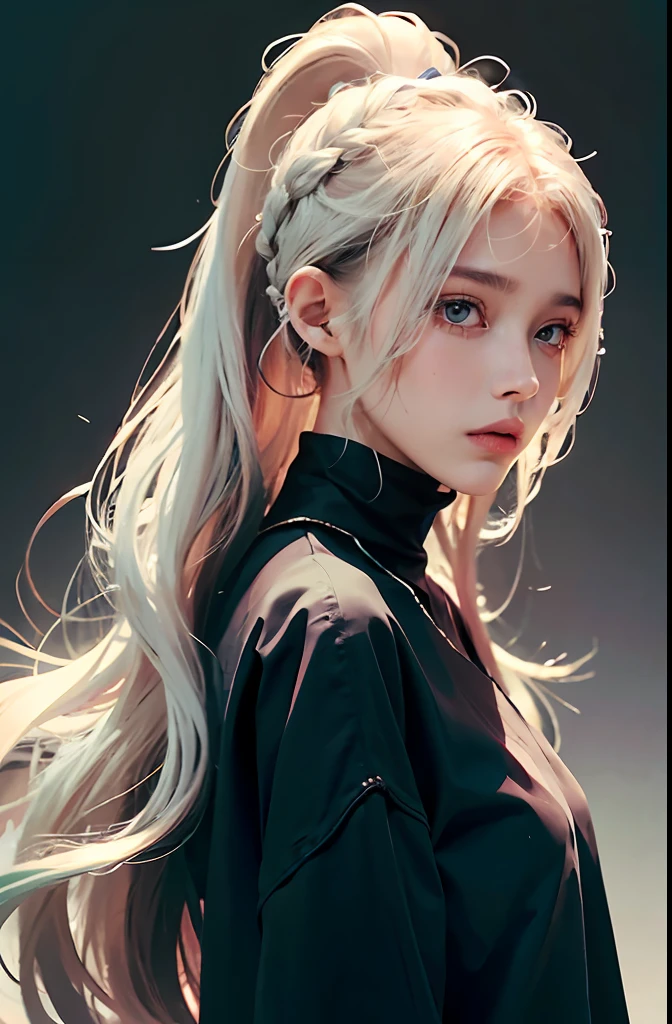 A 21-year-old woman，（high-top fade：1.3），long whitr hair，dark themes，soothing tones，pastel colour，hight contrast，（Natural skin texture，ultra-realistic realism，the soft light，sharp），