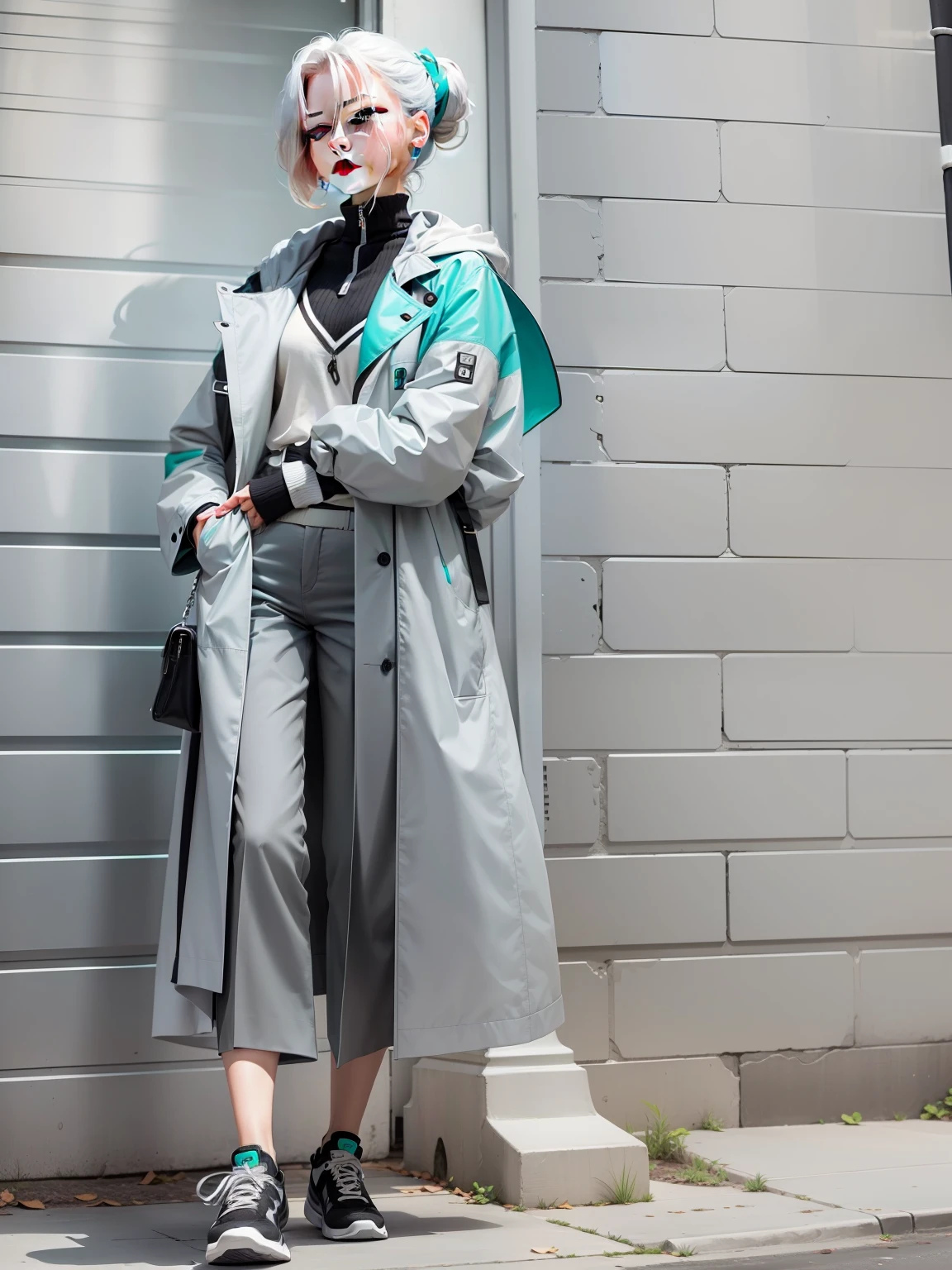 Cool and elegant,Short, gray-white hair,Turquoise eyes,Gray-black coat,Black and green canvas shoes