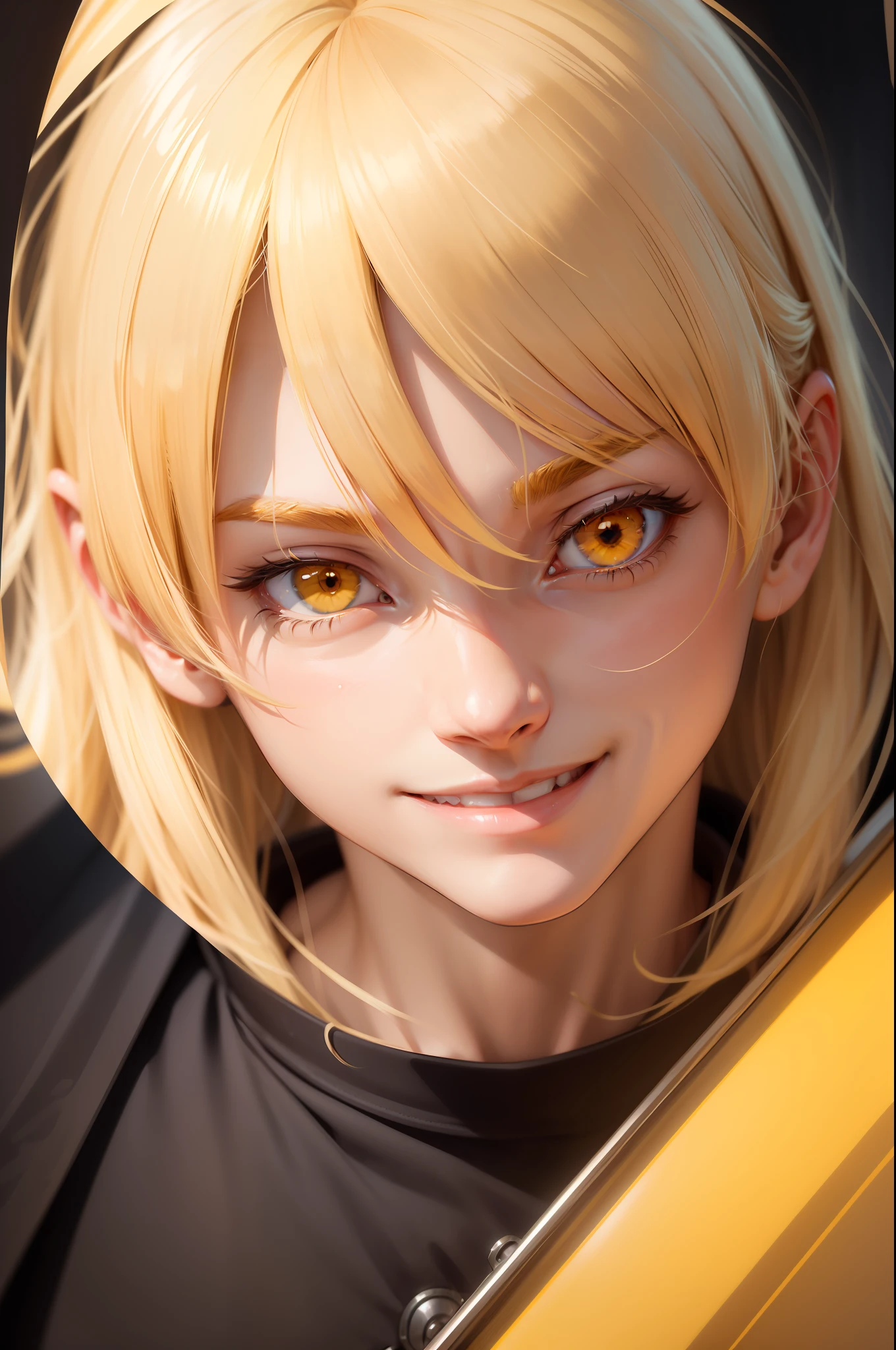 wince, solid circle eyes, light smile, blonde hair, glowing eyes, seductive smile, yellow eyes, High school boys, drop shadow, anaglyph, stereogram, tachi-e, pov, atmospheric perspective, Surrealism, high detail, close-up, 8k, super detail, ccurate, best quality