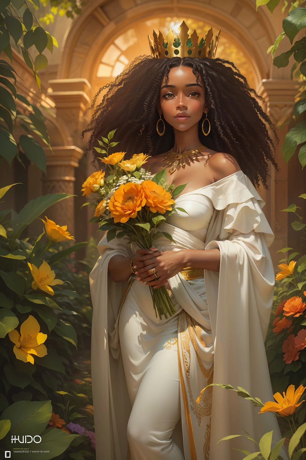 In the image, we see a smiling black woman with lush curls, her frizzy curls are well defined and nourished. She wears a long white dress.

The woman on the cover is standing facing the camera with her shoulders slightly raised, exuding a confident and self-assured posture. In her hands, she holds a golden crown.

Around it, nature is present as a harmonious setting. Lush flowers and delicate foliage form a background that enhances the connection between women and the life force of nature.

The color palette chosen for the cover is full of warm and vibrant tones, such as gold, orange and green. The image is full of details, textures and strokes.