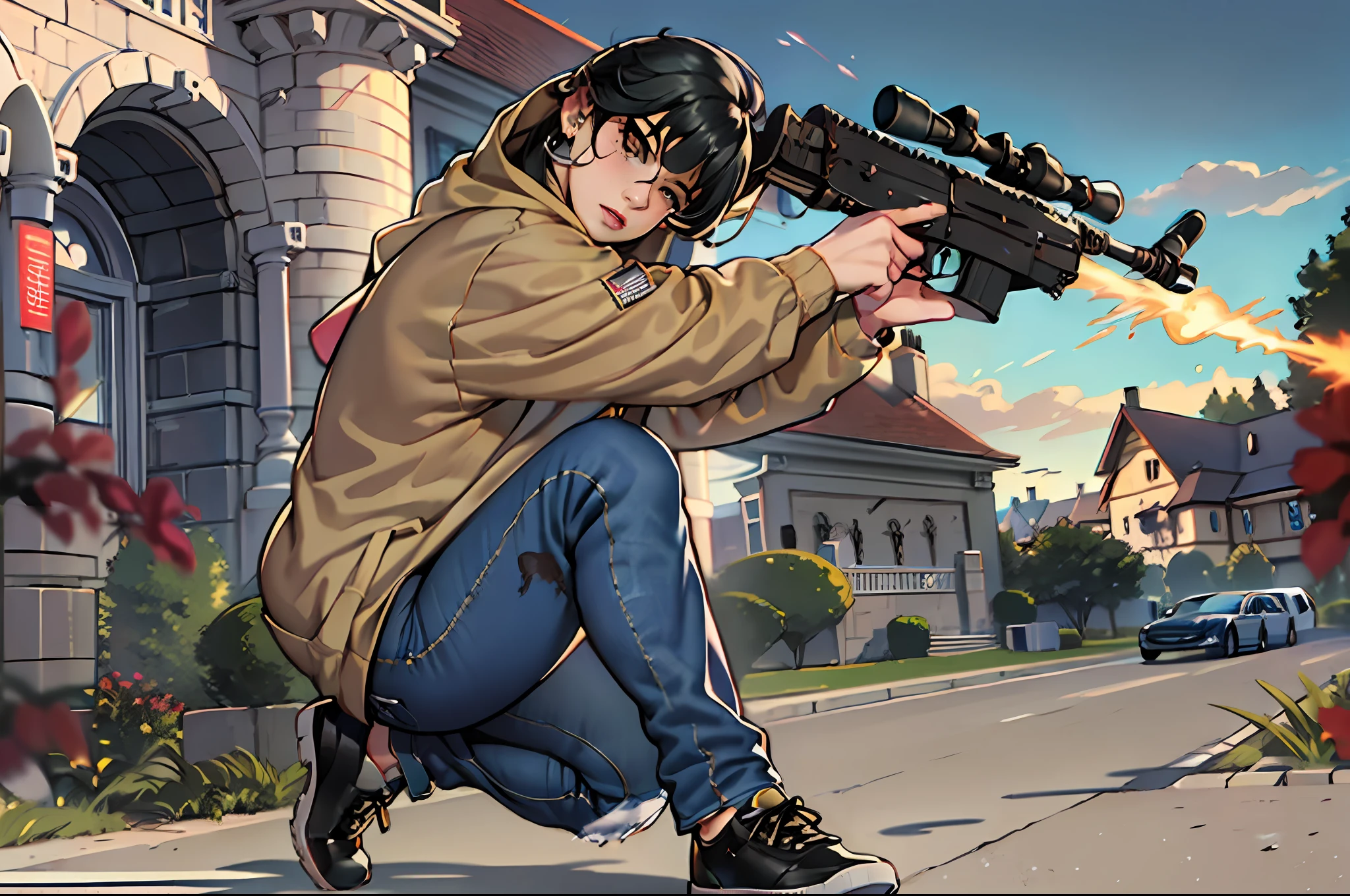 (((((Beautiful girly boy wearing baggy hoodie and tight jeans, holding a FN FAL assault rifle, firing at some goons behind a limousine at the outskirts of a mansion))))), crouching, full body, full-length portrait, 1boy, amber eyes, belly, biceps, big bulge, huge bulge, big muscles, big pecs, black hair, blush, curled hair, curly hair, curvy, drill curls, ear piercing, ear rings, earrings, eyeliner, eyeshadow, fat mons, femboy, freckles, fupa, girly, girly boy, jewelry, long eyelashes, long hair, long nose, looking at viewer, makeup, male, male focus, mole under eye, musclegut, muscular, muscular male, otoko no ko, parted bangs, pecs, pectorals, ringlets, sanpaku, tsurime, slightly chubby, solo, solo male, stocky, swept bangs, tan, tanned, thick eyebrows, thick neck, thick thighs, trap, close-set eyes, amber eyes, action scene, crime wars