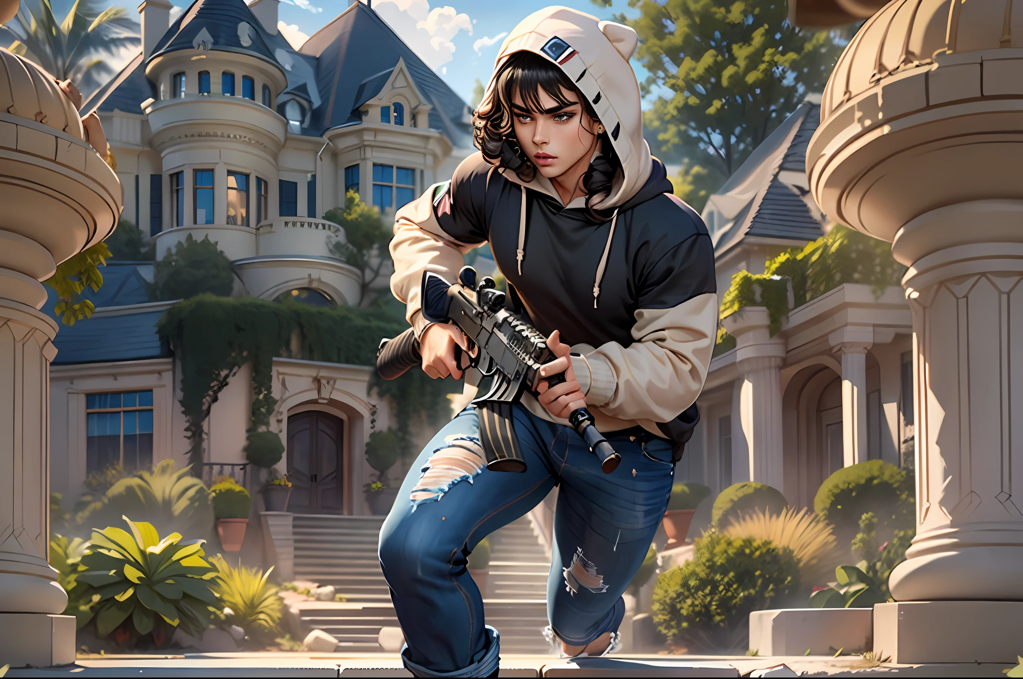 (((((Beautiful girly boy wearing baggy hoodie and tight jeans, holding a FN FAL assault rifle, firing at some goons behind a limousine at the outskirts of a mansion))))), crouching, full body, full-length portrait, 1boy, amber eyes, belly, biceps, big bulge, huge bulge, big muscles, big pecs, black hair, blush, curled hair, curly hair, curvy, drill curls, ear piercing, ear rings, earrings, eyeliner, eyeshadow, fat mons, femboy, freckles, fupa, girly, girly boy, jewelry, long eyelashes, long hair, long nose, looking at viewer, makeup, male, male focus, mole under eye, musclegut, muscular, muscular male, otoko no ko, parted bangs, pecs, pectorals, ringlets, sanpaku, tsurime, slightly chubby, solo, solo male, stocky, swept bangs, tan, tanned, thick eyebrows, thick neck, thick thighs, trap, close-set eyes, amber eyes, action scene, crime wars