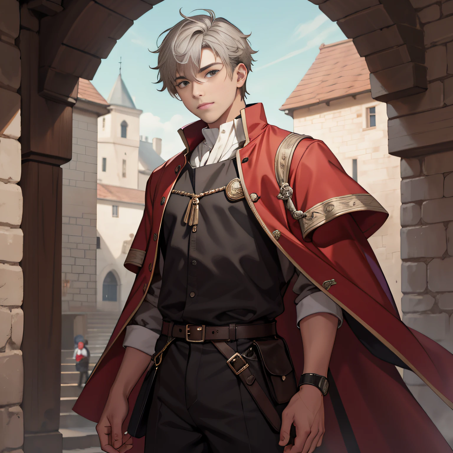 A 14-year-old boy with short gray hair in medieval costume