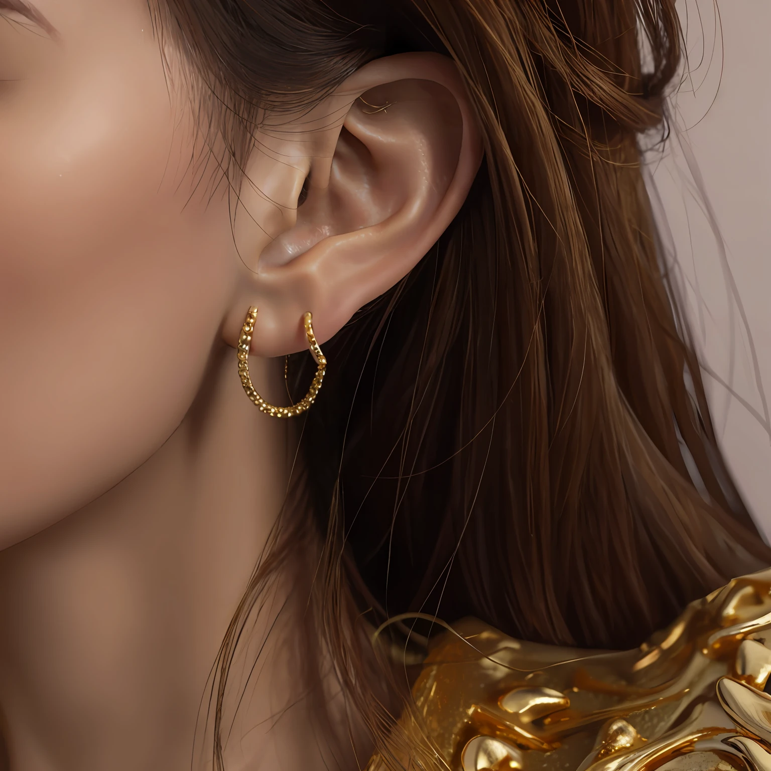 a close up of a woman wearing a pair of gold earrings,close-up, 35mm, anatomically correct, textured skin, high details, high quality