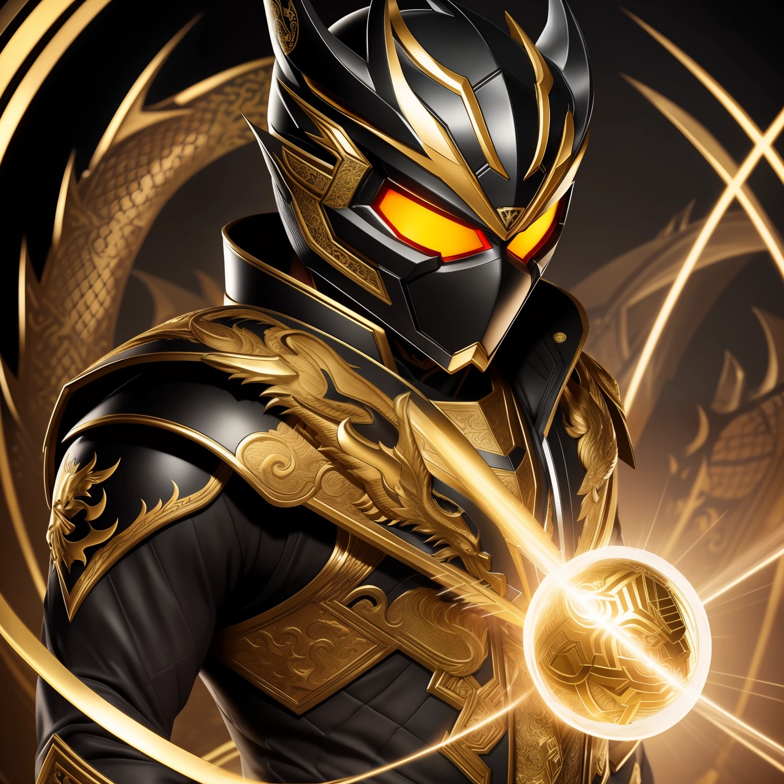 A detailed face、Detailed Black Suit、Golden decoration、masterpiece、top-quality、Image Japan、a blond、Damaged、helmets、Dragon pattern、laser、Glowing white eyes