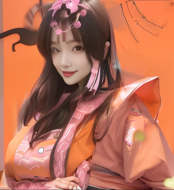 smil、A dark-haired、pink clothing、Orange shirt