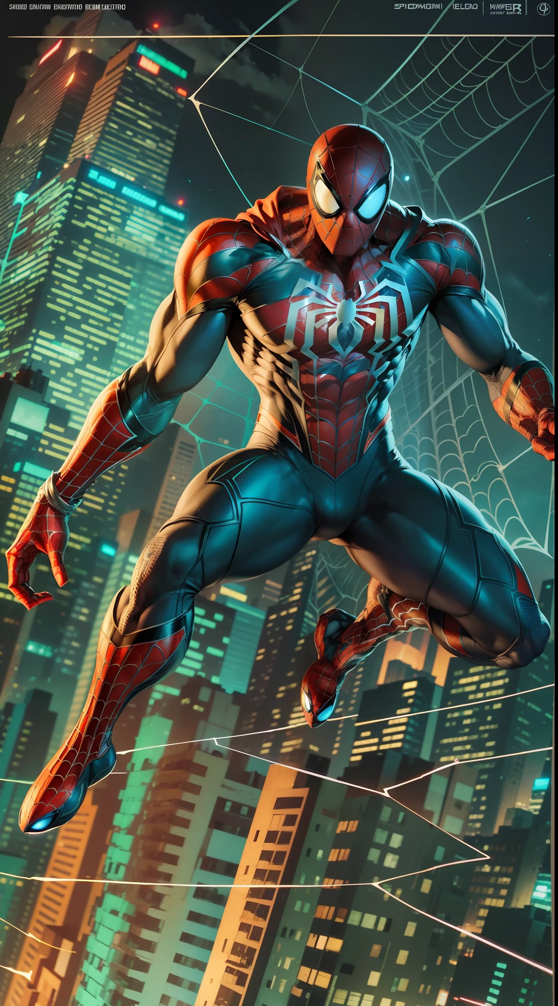 Stunning illustration of Spider-Man in its powerful enhanced version shows a muscular and toned physique, with a tech suit that glows with light lines and bright spider patterns. Se alza en medio de una ciudad en crisis, rodeado de rascacielos iluminados y un cielo nocturno lleno de luces destellantes.