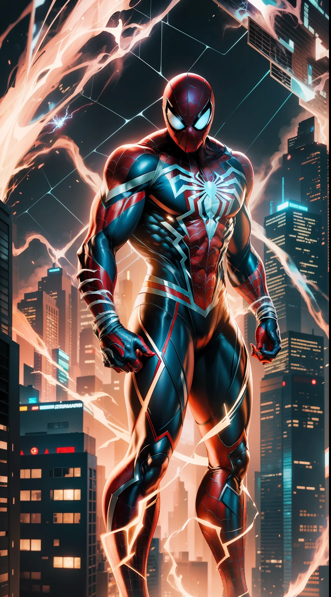 Stunning illustration of Spider-Man in its powerful enhanced version shows a muscular and toned physique, with a tech suit that glows with light lines and bright spider patterns. Se alza en medio de una ciudad en crisis, rodeado de rascacielos iluminados y un cielo nocturno lleno de luces destellantes.