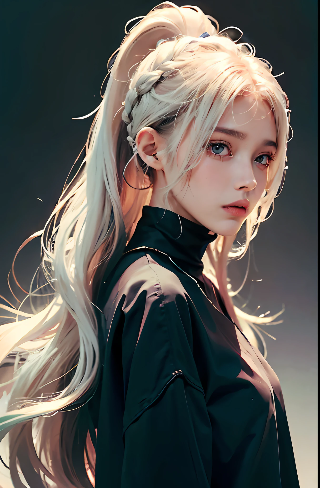 A 21-year-old woman,(high-top fade:1.3),long whitr hair,dark themes,soothing tones,pastel colour,hight contrast,(Natural skin texture,ultra-realistic realism,the soft light,sharp),