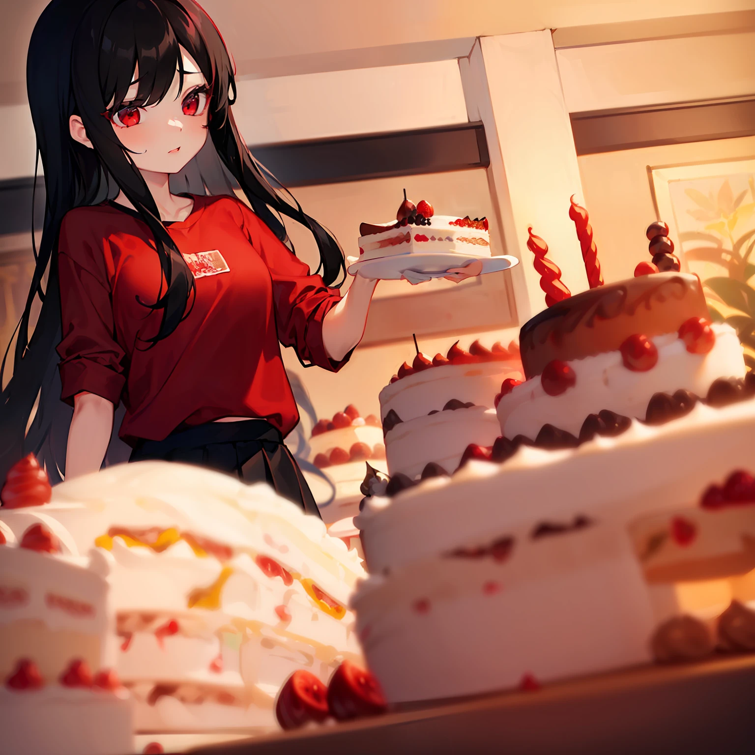 masterpiece、hightquality、vivd colour、(((Long Black Hair、Red Shirt、a black skirt、red eyes)))、(((Eat cake gracefully)))、