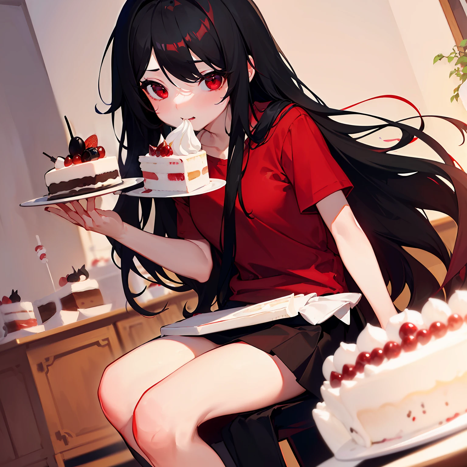 masterpiece、hightquality、vivd colour、(((Long Black Hair、Red Shirt、a black skirt、red eyes)))、(((Eat cake gracefully)))、