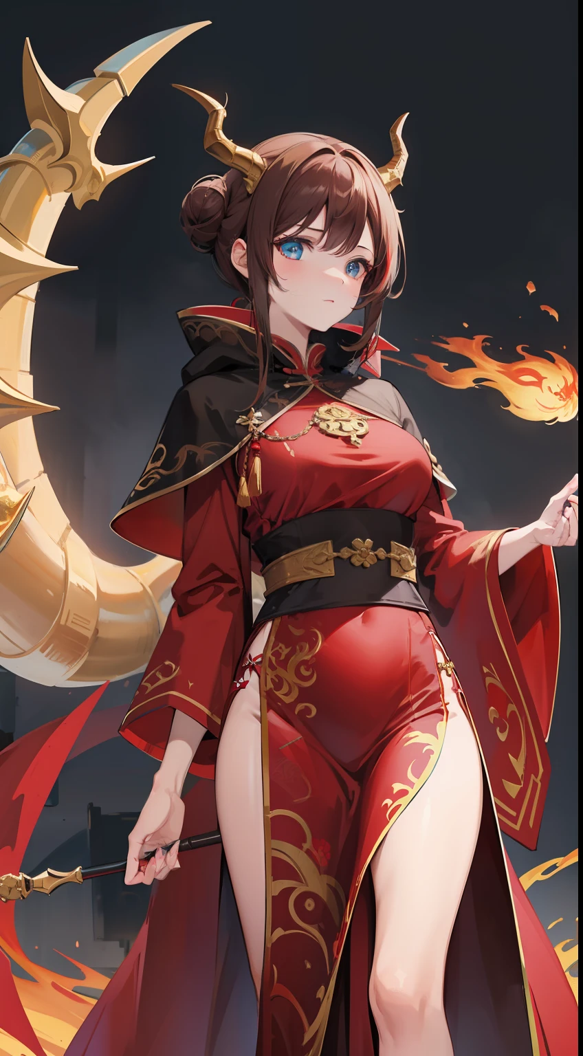 Adult woman, brown hair in bun, dragon horns, blue eyes, red chinese dress, cloak, spear, dragon, Gold inserts, red lipstick, Masterpiece, hiquality
