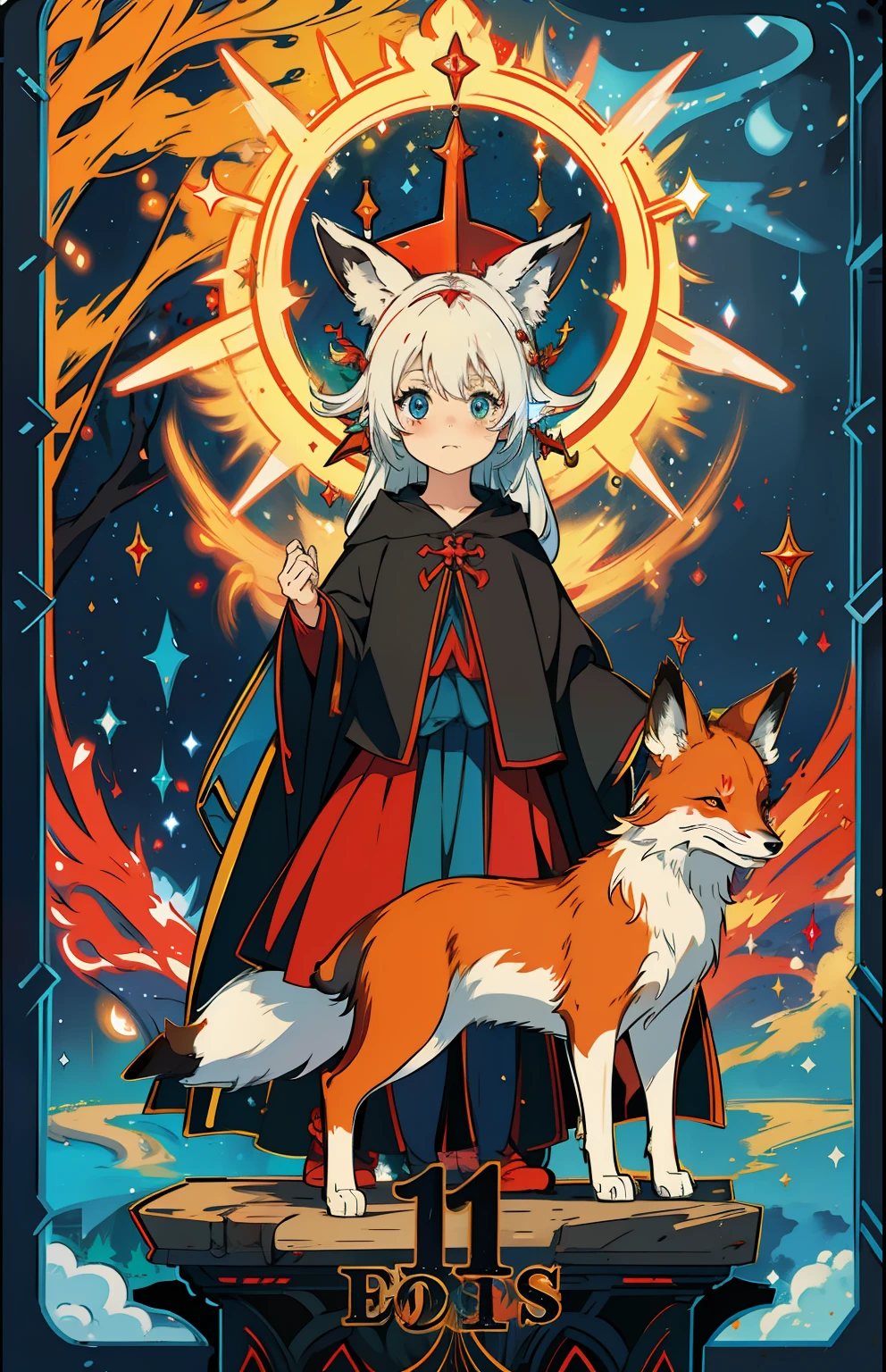 a pregirl，adolable，the elf，Big bright eyes，red fox，plethora of colors，deep colour，Light，film effect，mistic， Spiritual revelation，sigature，spirituality，magister