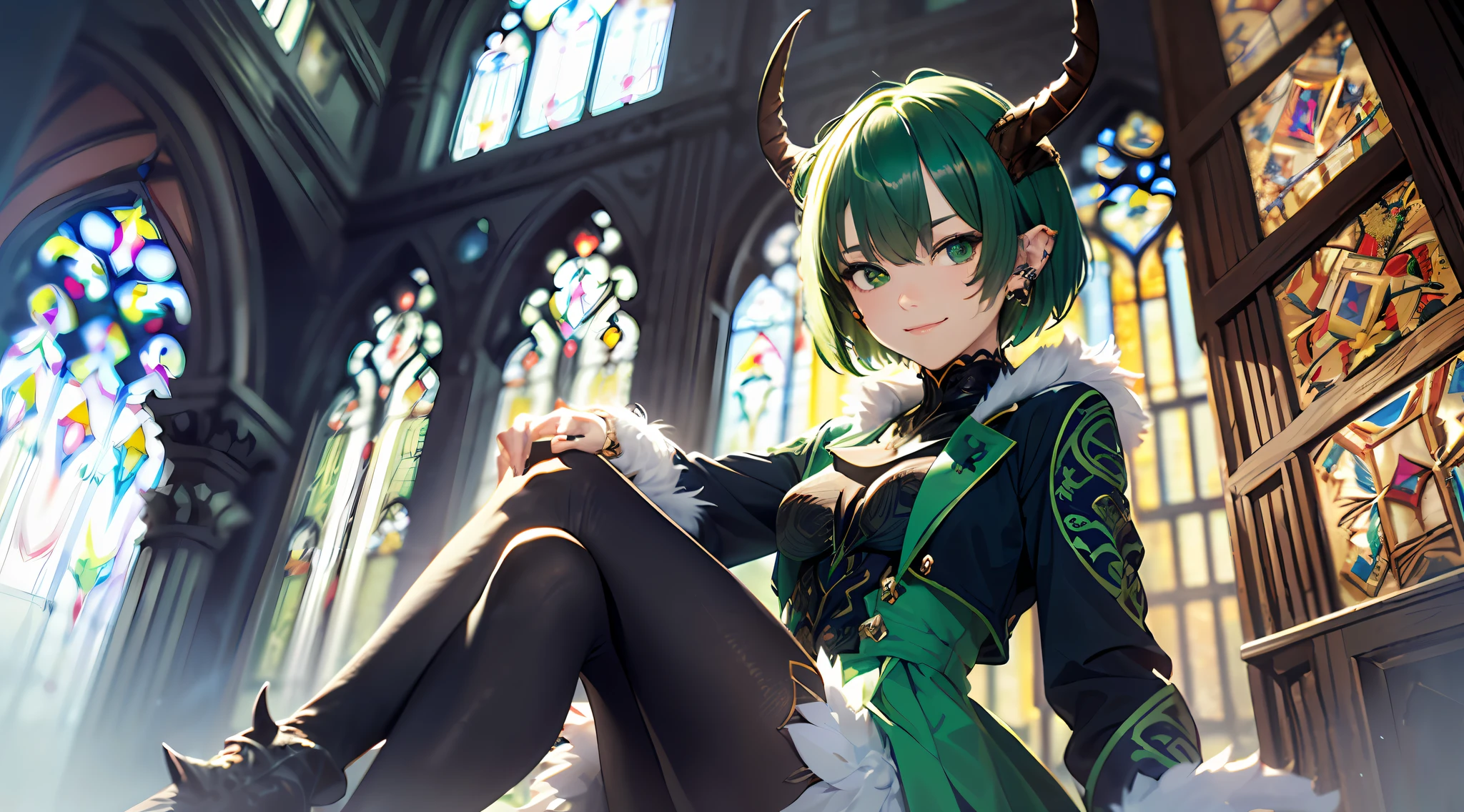 "(masterpiece、top-quality、realisitic)、(intricate and delicate、high detailed skin and face)、kindly smile、piercings、((green eyes and very short hair:1.2))、Fur and navy coat、The background is an old church、Cinematic soft lighting、8K Hi-Res CG"