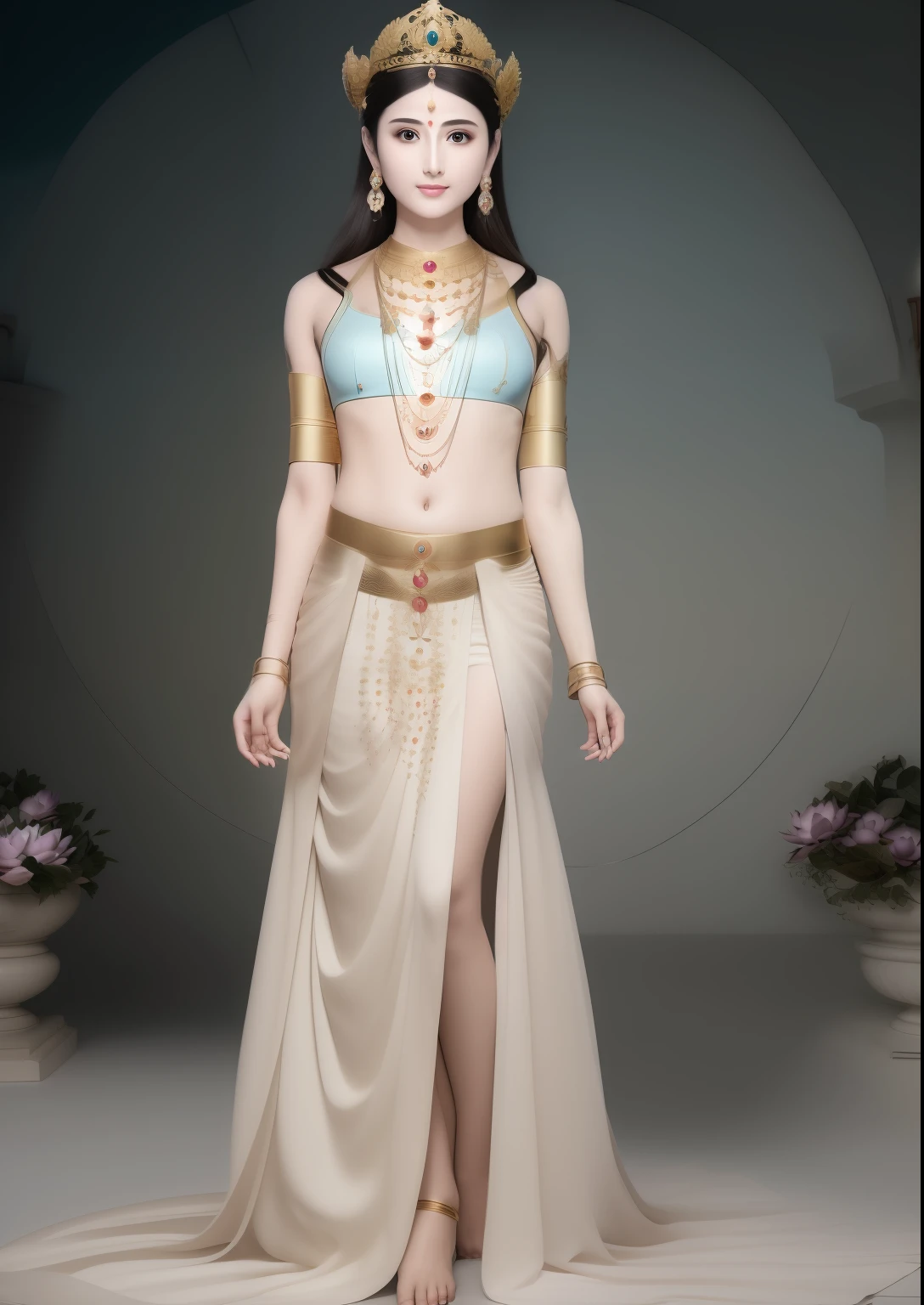 In the void, Beautiful goddess standing leisurely in a garden wonderland，The wind blew streamers and flew up，Five-colored cloudy sky，Perfect body posture，Barefoot，Beautiful eyes sparkle，The large, Jewel-like eyes sparkle，Clear pupils have reflected light，二重まぶた，Lying silkworm，（（Plump and rosy lips））Nipples clearly visible，（（Flushed cheeks）），The mandible is plump，Fair skin is delicate and smooth，Delicate skin translucent，A delicate and dexterous crown，inlaid gemstones，Exquisite and ingenious，inlaid gemstones，Sitting on a light red lotus in the air，look straight at the camera，(((nice hand)))，（（（（Good feet））），（（（good legs））），realisticlying，white skinned，（（Correct body structure）），White clothing，decorated in white，baiyun，Blue sky，Head background with round light，Behind him is a colorful rainbow circle，Color glow is turned on，Front lighting，Positive light，No shadows on the face，There are no shadows on the body，Blue sky，Unreal space，ethereal world，dreamworld，with blue sky and white clouds，tmasterpiece，4K，ultra-definition，professional photoshooting，Standard lens shooting，