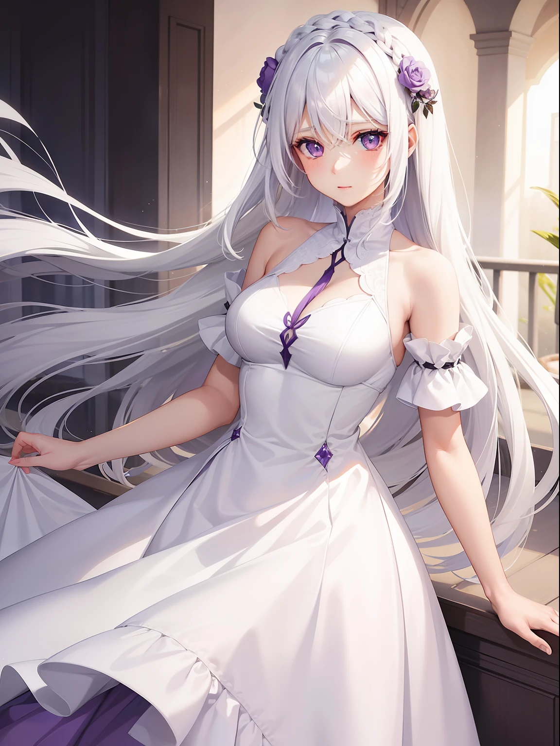 a women, white hair, purple eyes, white dress