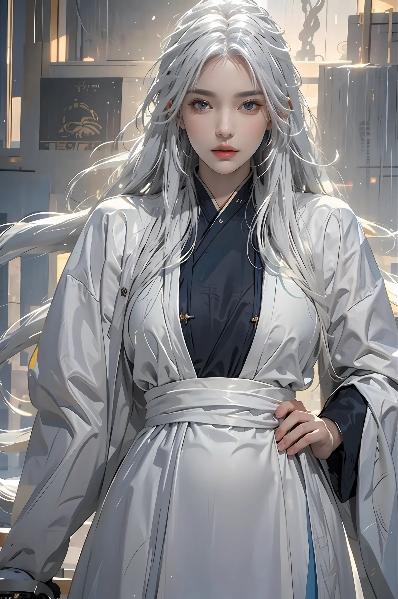 photorealistic, high resolution, 1women, solo, hips up, look at viewer, (detailed face), white hair, long hair, blue Taoist robe,oversized clothes