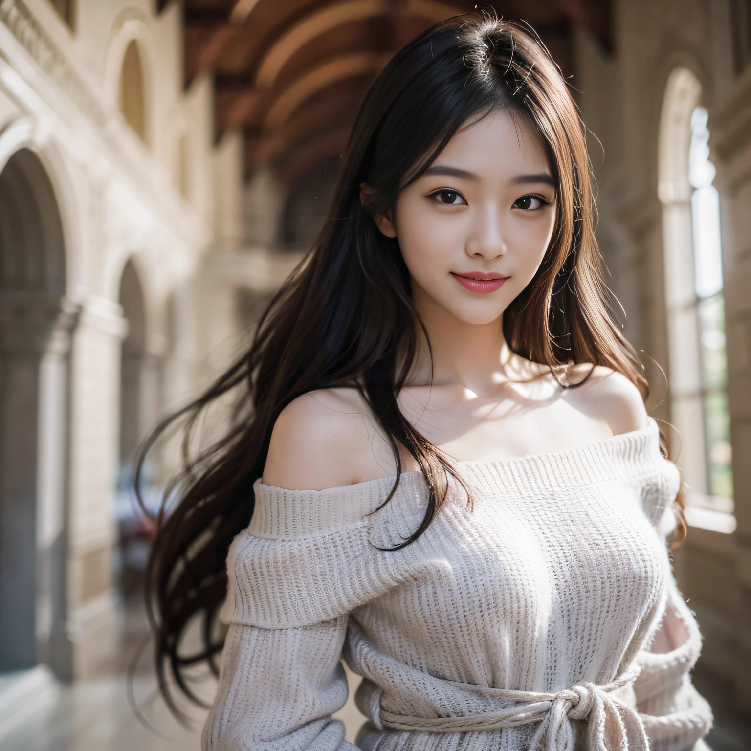 best quality, face focus, soft light, (depth of field) ,ultra high res, (photorealistic:1.4), RAW photo, (portrait:1.4) ,(from front)
1japanese girl, solo, cute, (shy, smile:1.1), (brown eyes), detailed beautiful face, (midi_hair),
The Great Hall of a European Castle, walking,
(off shoulder shirt)