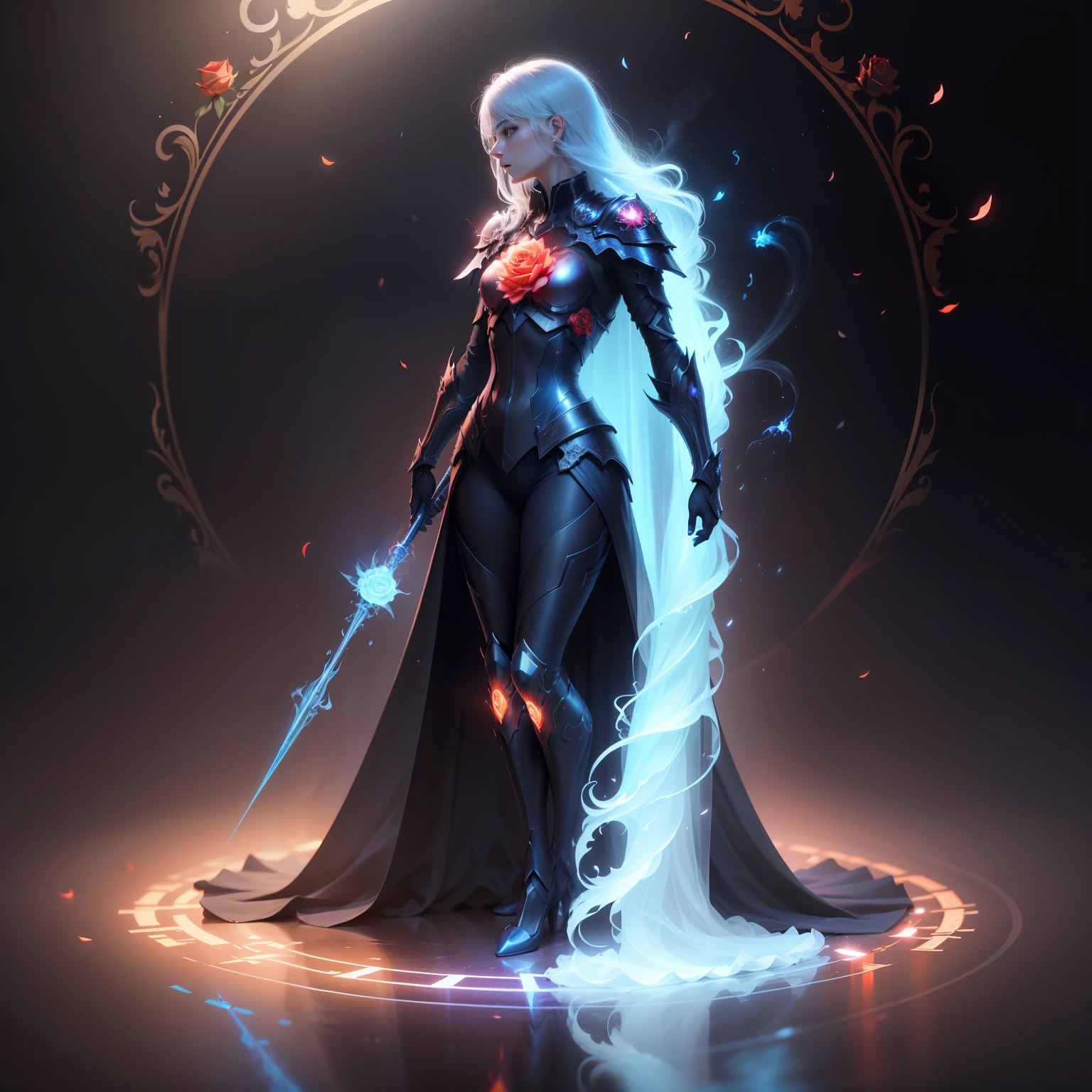 Beautiful Spectral light flame red roses , The petals are flashing blue light, roses with orange flames,Background blue, drop reflection light, reflection, bright, Super clear, Transparent metal armor, patronus, transparent, caustics, optics, portrait profile, ultra realistic, magic, fantasy, composition, dark, trending on artstation, 8k, HD –ar 2:3 –v 4