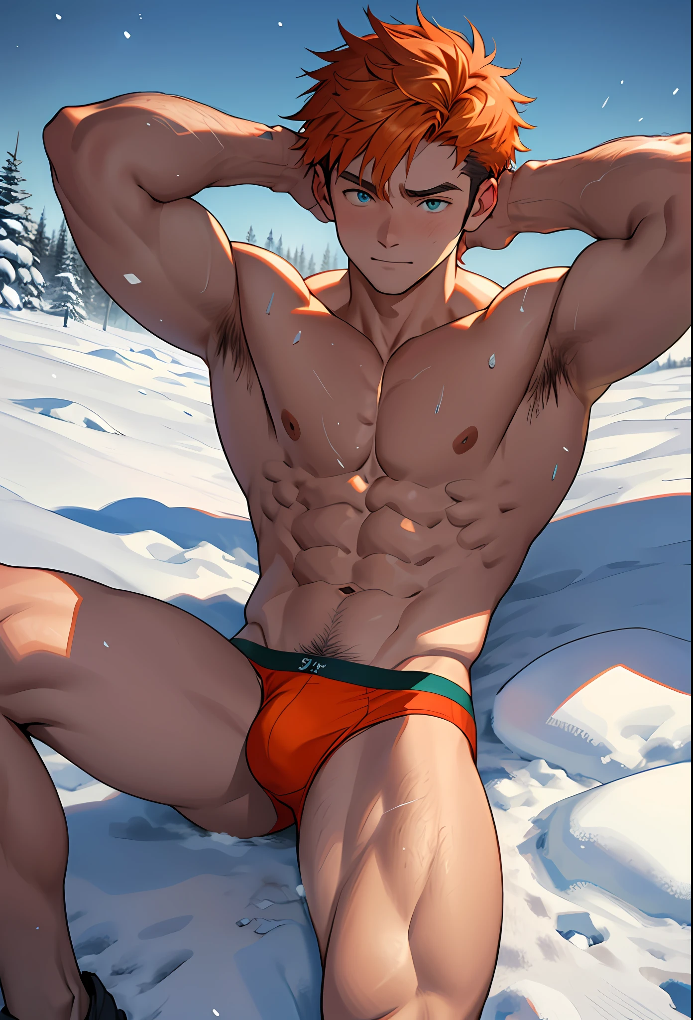 (masterpiece, best quality), 1boy，Lewdness，younge boy，Kid's face，Juvenile faces，sideface，Lying naked in the snow，adolable，infancy，Young age，Short round face，Flat chin，Fine face in detail，Colored briefs，musculous, Short bright orange hair, Sky blue eyes，opens his eyes wide, 复杂, full bodyesbian,nakeness，Lewdness，Teal briefs,Pectoralis abdominal muscles，the night，themoon，vivd colour,(depth of fields:1.2),(abs),looking at viewert，Lying in the snow，spread their legs，Arms open，Falling snowflakes，There are a lot of diamond-shaped ice cubes on the ground，cold temperature