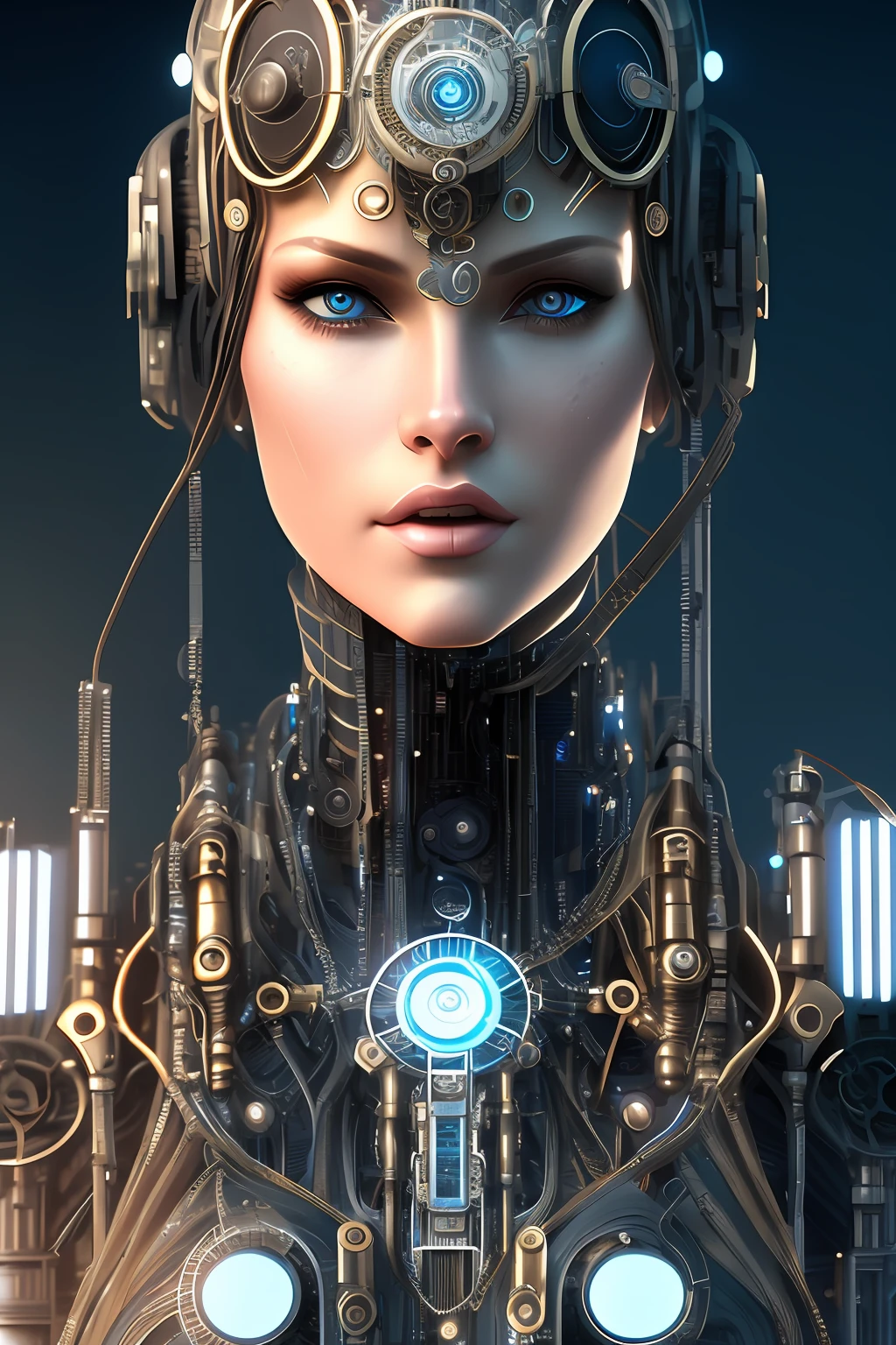 full body cyborg| full-length portrait| detailed face| symmetric| steampunk| cyberpunk| cyborg| intricate detailed| to scale| hyperrealistic| cinematic lighting| digital art| concept art| mdjrny-v4 style