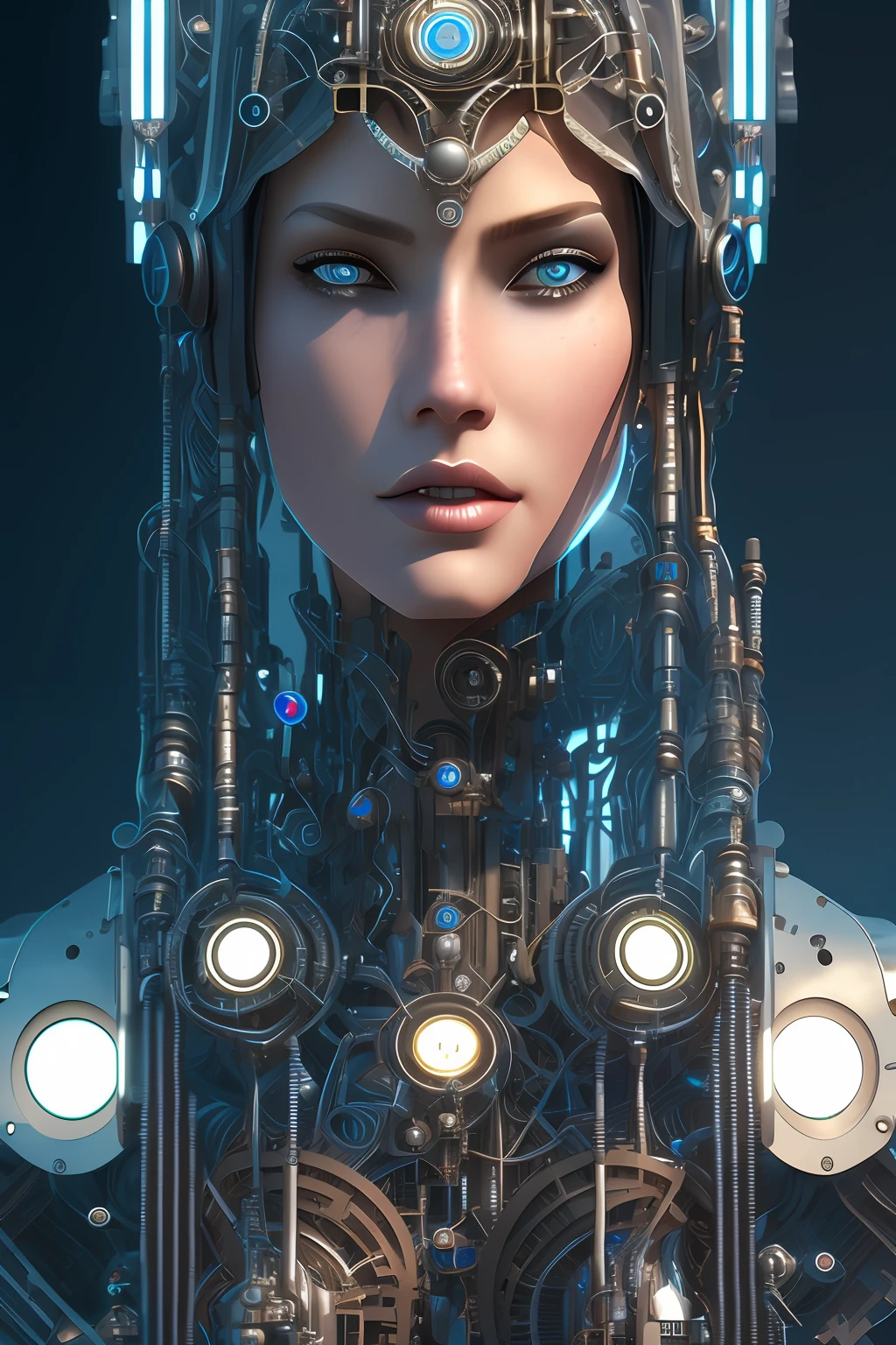 full body cyborg| full-length portrait| detailed face| symmetric| steampunk| cyberpunk| cyborg| intricate detailed| to scale| hyperrealistic| cinematic lighting| digital art| concept art| mdjrny-v4 style