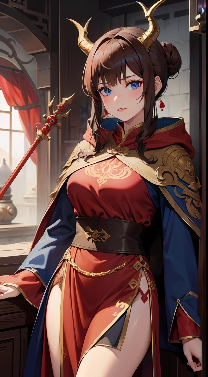 Adult woman, brown hair in bun, dragon horns, blue eyes, red chinese dress, cloak, spear, dragon, Gold inserts, red lipstick, Masterpiece, hiquality