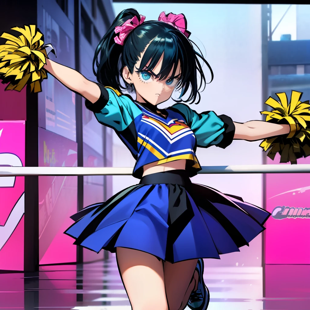 A dark-haired、Blue-haired、Lily、angry expressions、((cheerleaders))、((two tone hair))、Black and blue hair、((poneyTail))、drooping eyes、Jumping、((Standing on one leg))、cheerleader pom pom、no background、((Looking at Viewer))、((one girl))、skinny