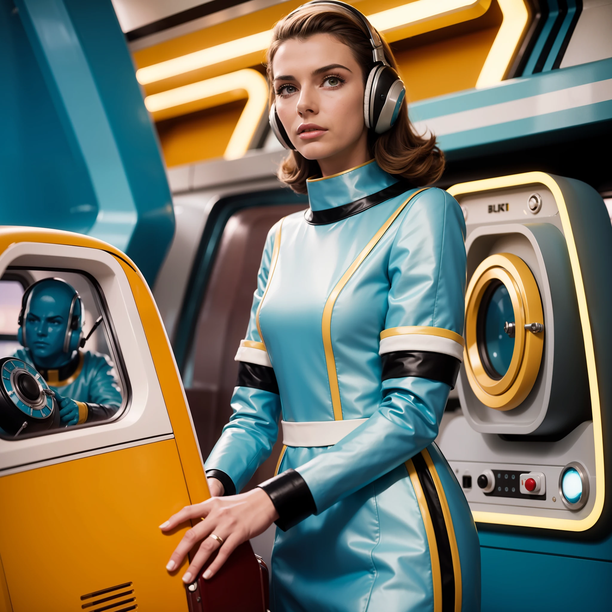 4k image from a 1960s science fiction film by Wes Anderson, Filme O Grande Hotel Budapeste, pastels colors, people wearing retrofuturistic alien masks and holding colorful suitcases and chests on the bus, Retro-futuristic fashion clothes from the 60s with old robots, Luz Natural, Psicodelia, futurista estranho, retro-futurista, photo-realistic, Sharp background details.