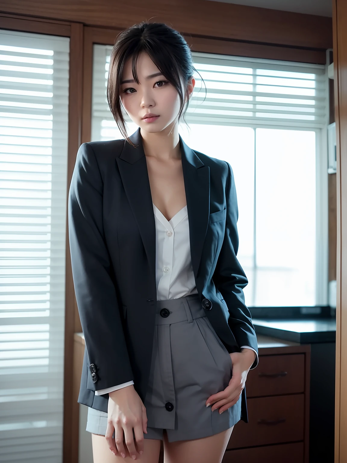 ultra detailed, RAW photo,best quality, (realistic:1.2), 1 korean Soonkyu Lee, 16k, realistic photography, professional color graded, physically based rendering, highres, b-cup, hair wave, naked, motel, front, casual suit, f 2.4, 35mm