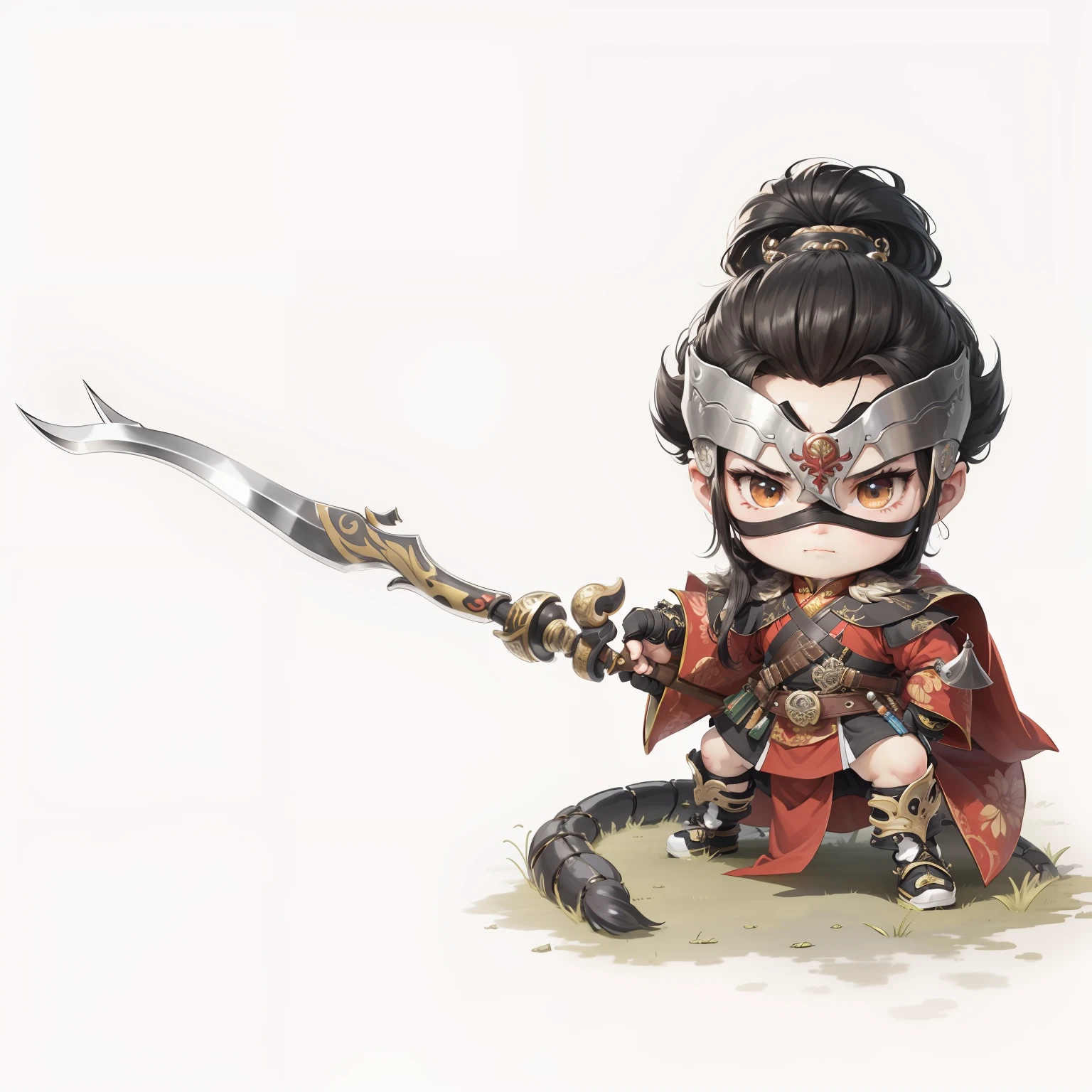 male people,Male characters,Chibi anime characters,Q layout,Bad,Eight snake spears,Spear weapons,China-style,Chinese-style clothing,Chinese shoes,There are beautiful patterns on the weapon grips,Refinement,Fine painting,Refinement,infinite details,high definition detail,Delicate belt,Belt accessories,Male characters,Blindfolds,Black color hair,Patterned,Pattern,Blank background,Bright colors,Metal edging