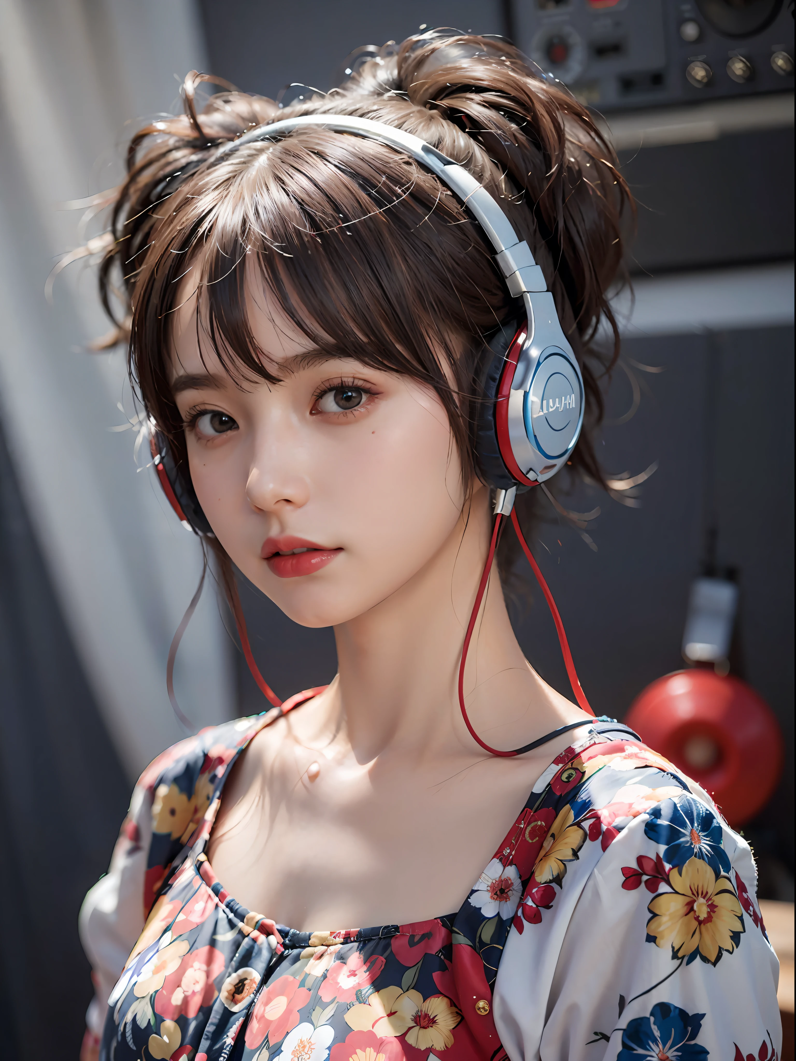 Best Quality, masutepiece, (Photorealistic:2), Ultra High Resolution, Highly detailed, A hyper-realistic, 1girl in, ((Red headphones)), (Longer dress), Floral pattern, colourfull_hair、(((very_Short_hair))), Short hair, Slim body, Full Shot, Looking at Viewer, ((Music Studio)),  Bright atmosphere, spot light, Detailed background