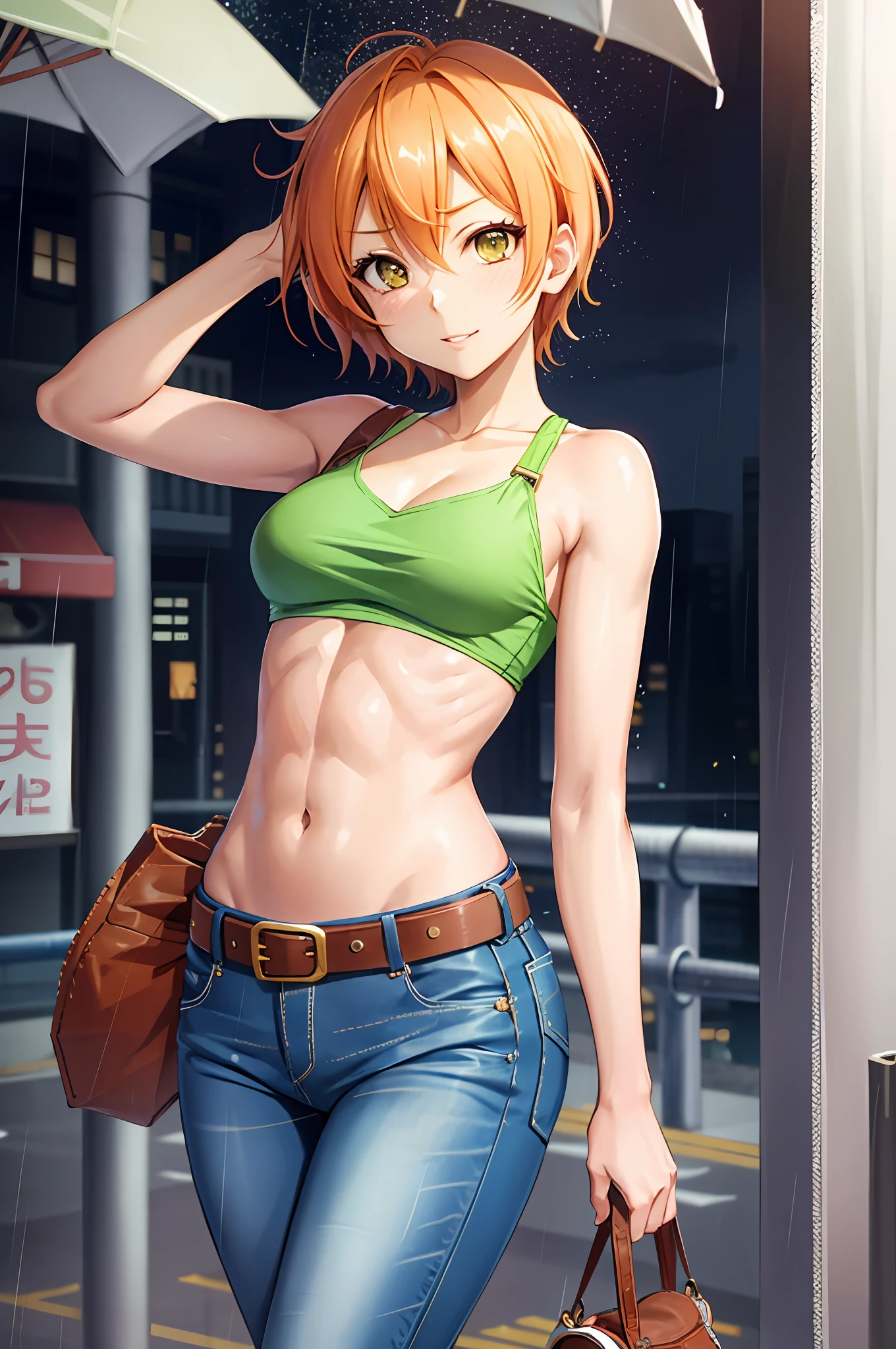 Hoshizora rin, Best Quality,(beauty), 1girl,phisically-based render ,ultra highres,(cowboy shot:1.5),narrow waist, skinny, LeonaMS ,muscular, big eyes,long legs,jeans,leather belt,small breasts,puffy eyes, leather belt,(rainy city), shiny skin, facing viewer, Victory posture,(midriff:0.7)