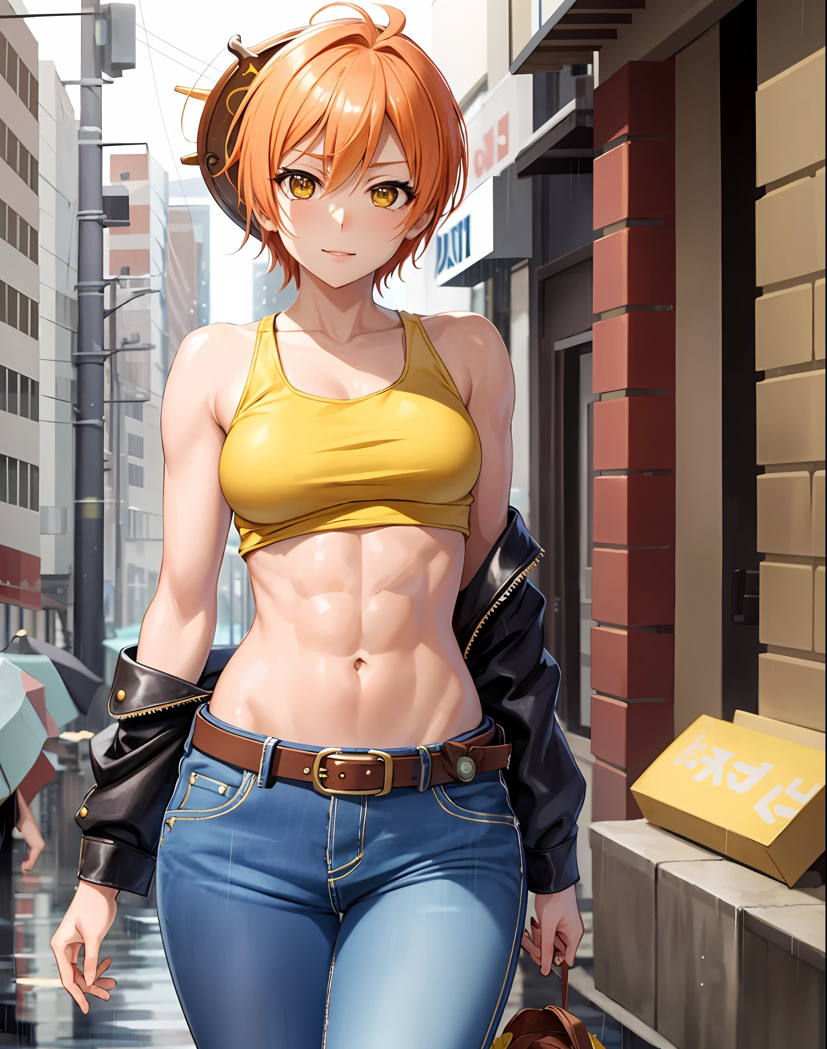 Hoshizora rin, Best Quality,(beauty), 1girl,phisically-based render ,ultra highres,(cowboy shot:1.5),narrow waist, skinny, LeonaMS ,muscular, big eyes,long legs,jeans,leather belt,small breasts,puffy eyes, leather belt,(rainy city), shiny skin, facing viewer, Victory posture,(midriff:0.7)