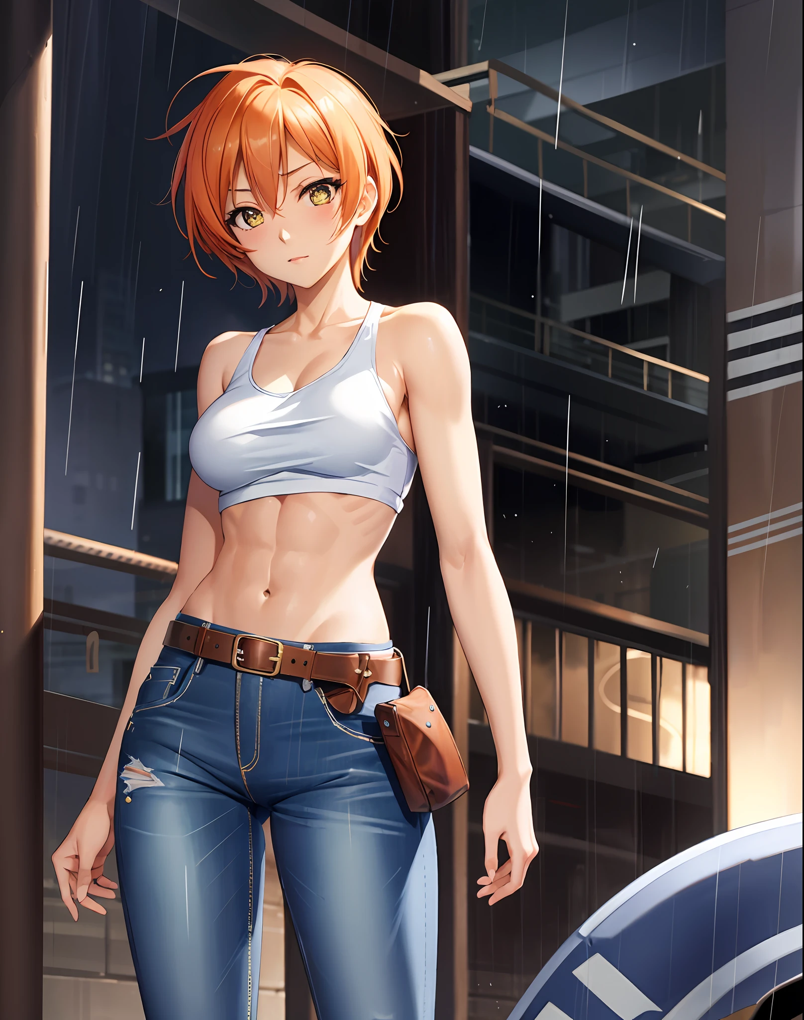 Hoshizora rin, Best Quality,(beauty), 1girl,phisically-based render ,ultra highres,(cowboy shot:1.5),narrow waist, skinny, LeonaMS ,muscular, big eyes,long legs,jeans,leather belt,small breasts,puffy eyes, leather belt,(rainy city), shiny skin, facing viewer, Victory posture,(midriff:0.7)