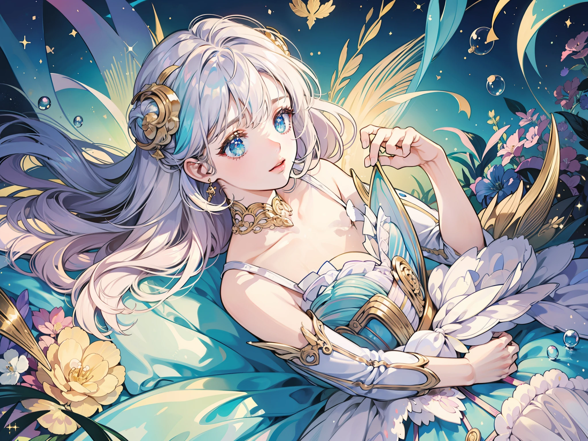 masterpiece, best quality, 8k resolution, sharp focus, intricate detail, beautiful girl, sparkling eyes, golden ratio face, otherworldly liquid, watercolor, ((pastel colors)), bright colors, whimsical, colorful, sharp focus, high resolution, fine detail, ((layered ballgown)), iridescent bubbles