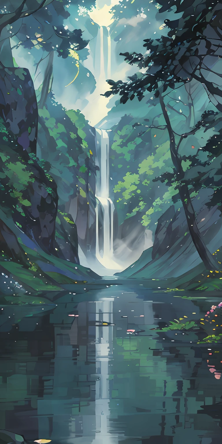 springtime, ln the forest, lake, speleothems, tree, Rochas, hot onsen, vapour, (illustratio: 1.0), Epic composition, Lifelike lighting, HD details, tmasterpiece, best qualityer, (The is very detailed的 CG unified 8k 壁纸)