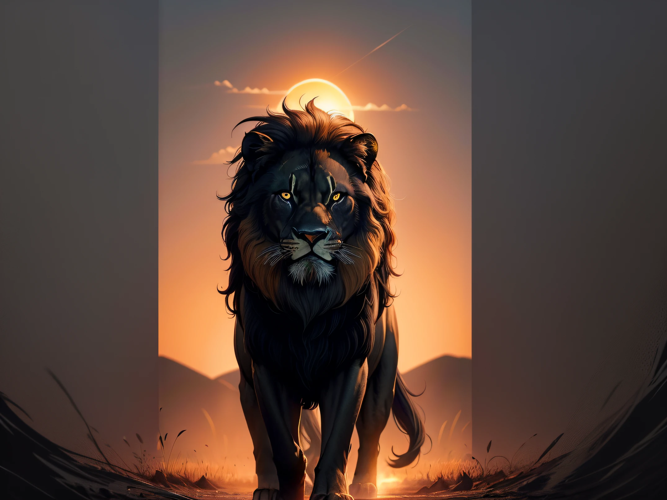 Lion walking at sunset, stunning digital illustration, fierce expression 4k, Rei da selva, realistic illustration, bonito impressionante realista, 4K HD papel de parede ilustrativo, lion warrior, epic digital art illustration, ultra realistic illustration, A leoa preta lisa, Arte digital altamente detalhada em 4k, 8k arte detalhada de alta qualidade, bela arte digital, Arte digital detalhada em 4k