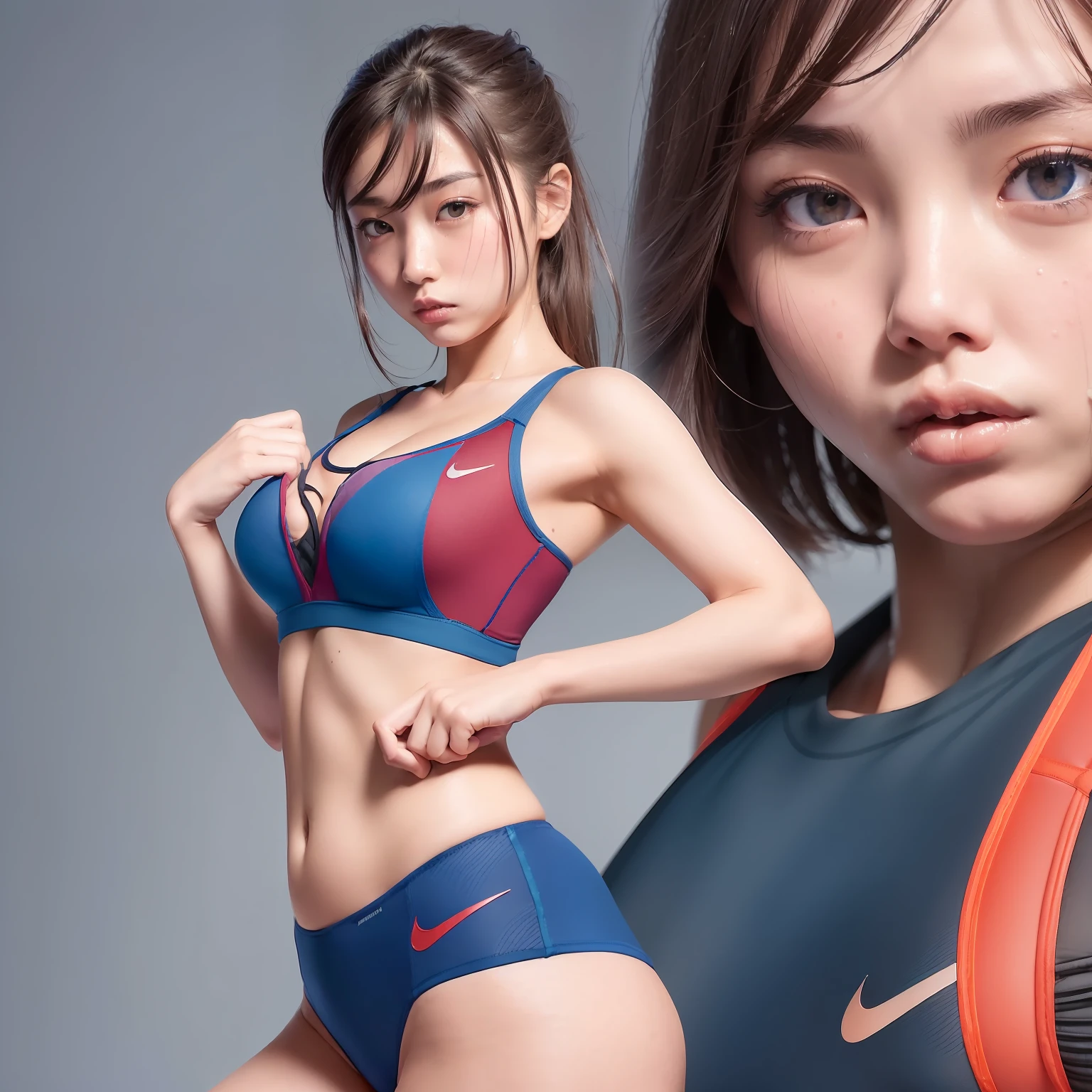 (solo), (a detailed full body RAW photo of a girl), (masterpiece:1.0), (best quality:1.4), (ultra highres:1.2), (photorealistic:1.4), 8k resolution, Canon EOS R5, 50mm, absurdres, ultra detailed, (25year old), japanese athlete sharp focus, cinematic lighting, detailed beautiful face, (no make up:1.2), (ulzzang-6500-v1.1), petite figure, detailed skin texture, flat chest, (skinny and fit body:1.6), detailed brown hair,  sweltering,(very short hair:1.5), smiling face, very thin see-through wear, (very small and simple and brihit red and blue nike competition athletic wear:1.5), low rise,  (Crotch streaks and stains), (nipple protrusion on sports bra:1.5), realistic glistening skin, (sweating:1.45), detailed nipples texture, (satomi ishihara:0.7), (no bra:1.8), dynamic porse with emphasized the crotch,