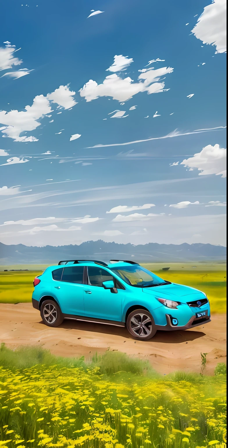 A Subaru car spers across the steppe,bright weather,Lush meadows,Flat steppe,Dynamic,The vista is a clear blue sky,and the border between the steppe and the sky,Turquoise Prairie
