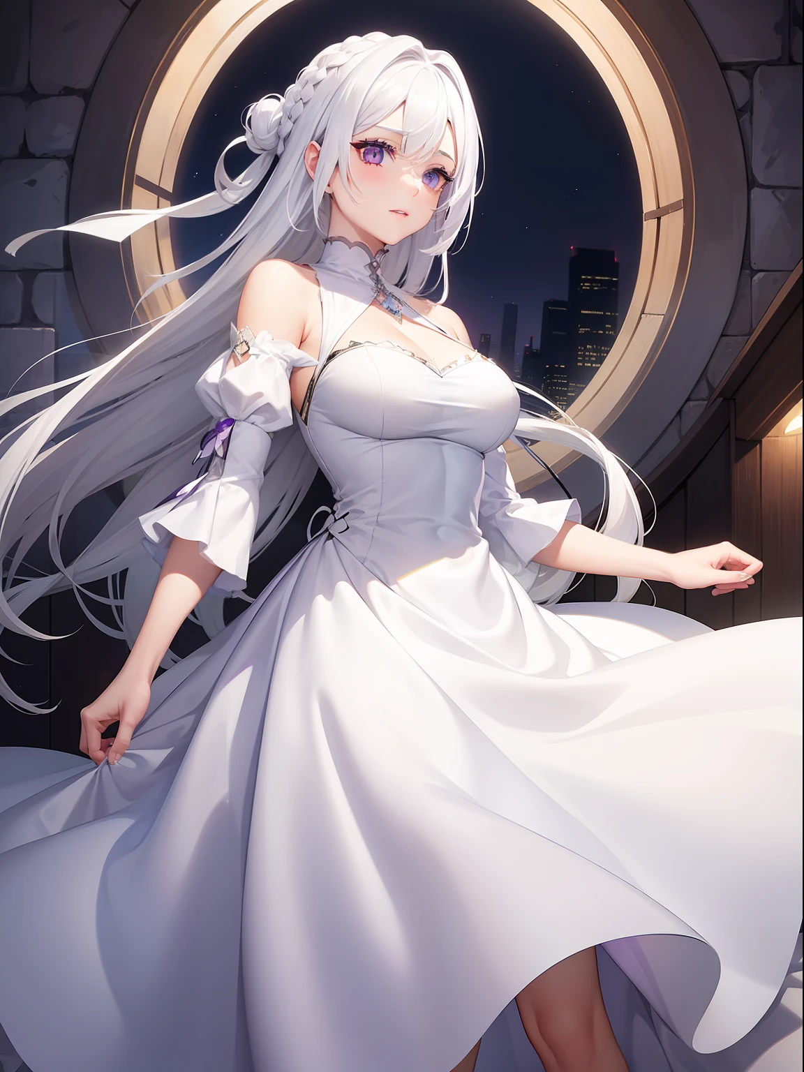 a women, white hair, purple eyes, white dress